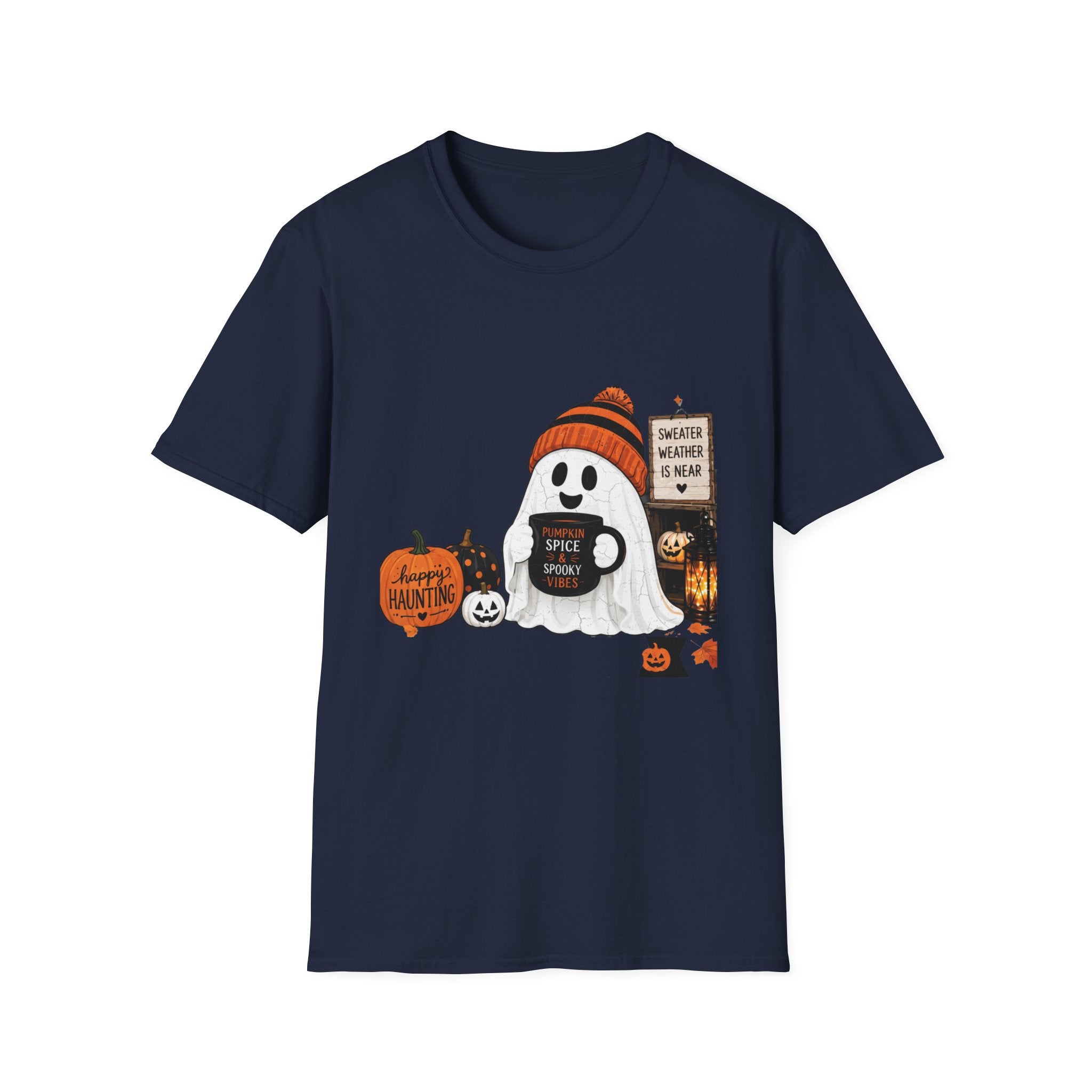 Navy t-shirt laid flat, printed with a small ghost in a knitted beanie holding a hand-painted