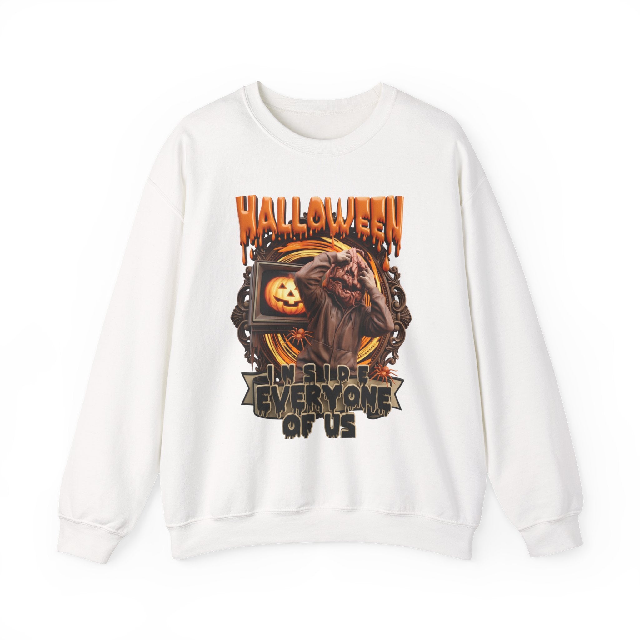 White crewneck sweatshirt laid flat, printed with a hunched monster claws at its own head