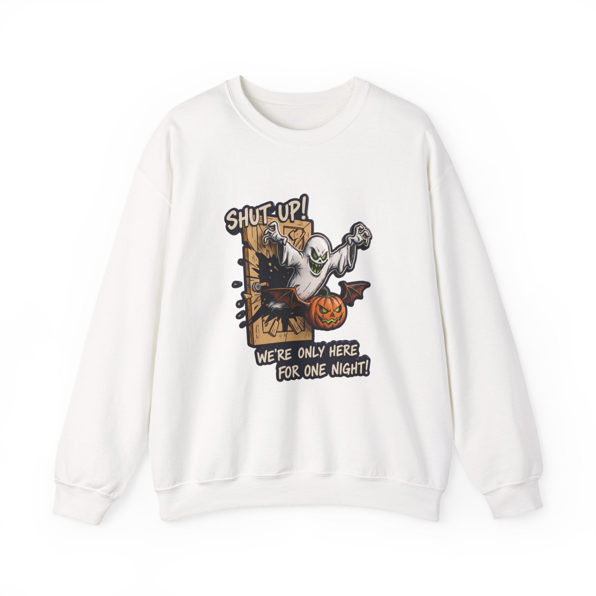 White crewneck sweatshirt laid flat, printed with a green-eyed ghost with bat wings bursts through a wooden