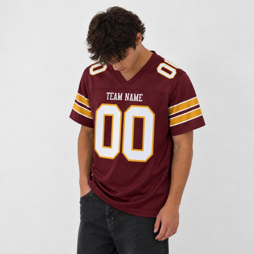 Custom Burgundy White-Gold Mesh Football Jersey - 2