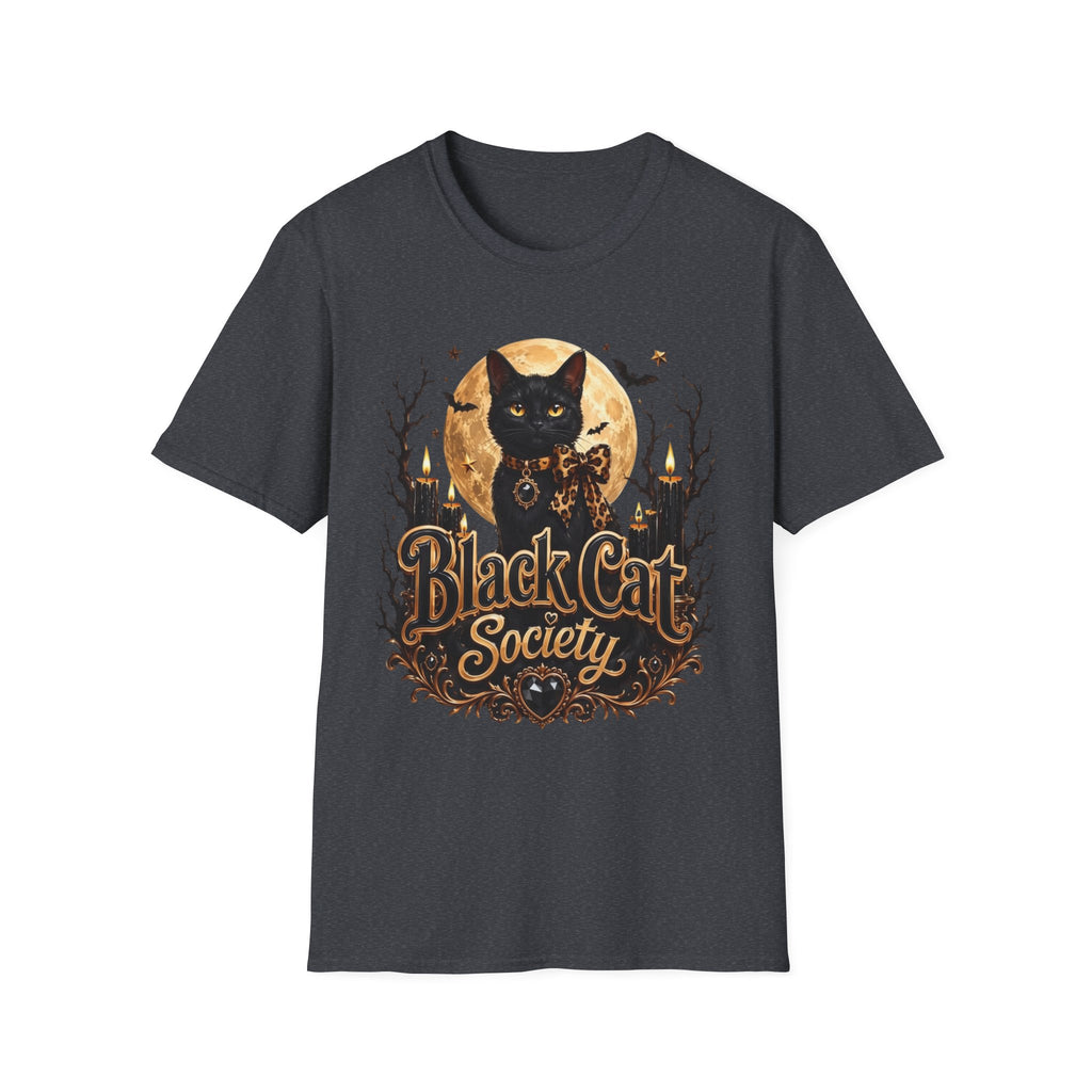 Dark Heather Grey t-shirt, plain back — black cat before a full moon on the front