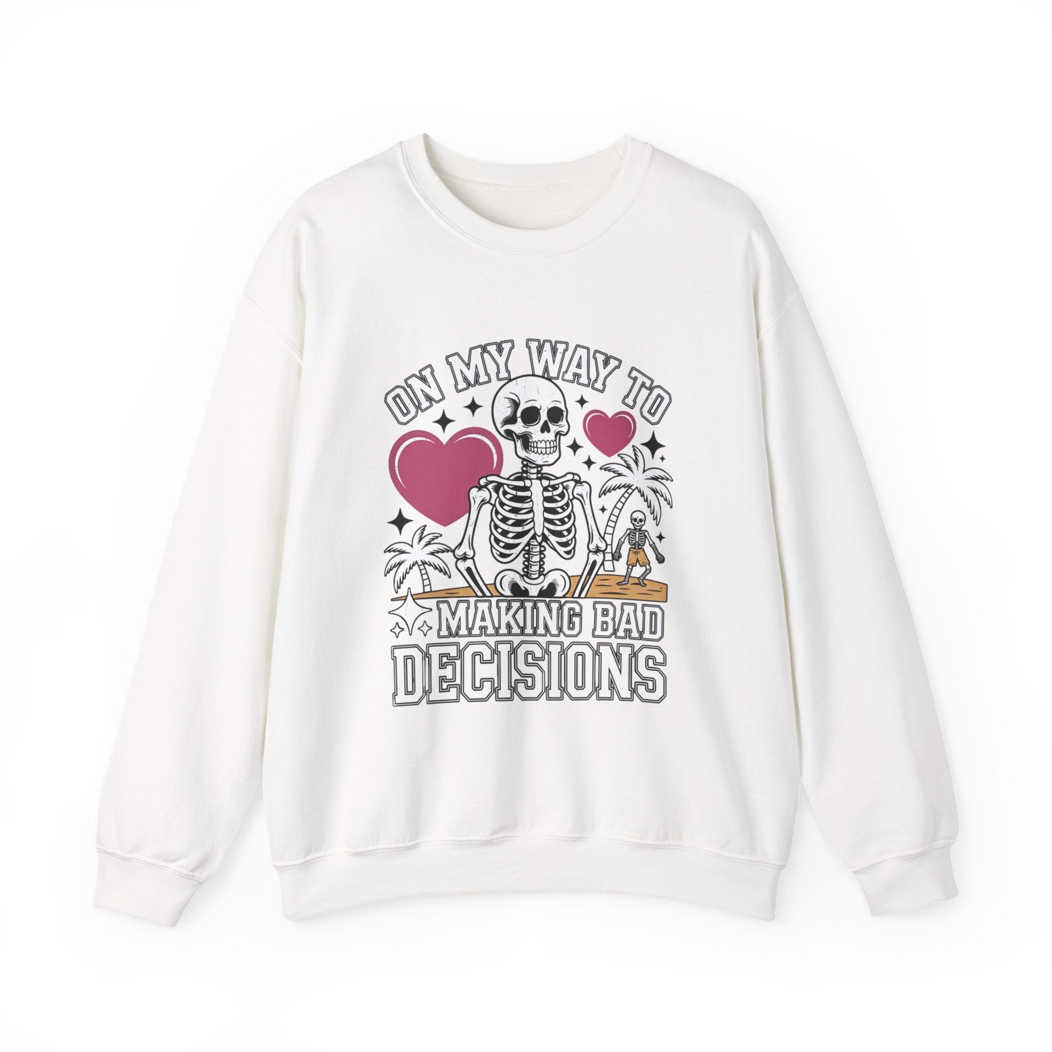 White crewneck sweatshirt laid flat, printed with a two line drawn skeletons under pink hearts