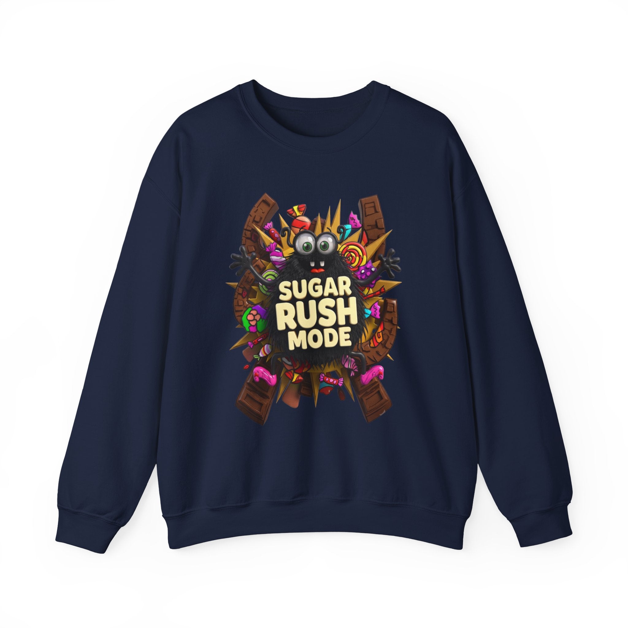 Navy crewneck sweatshirt laid flat, printed with a fuzzy black monster with big googly eyes bursts out