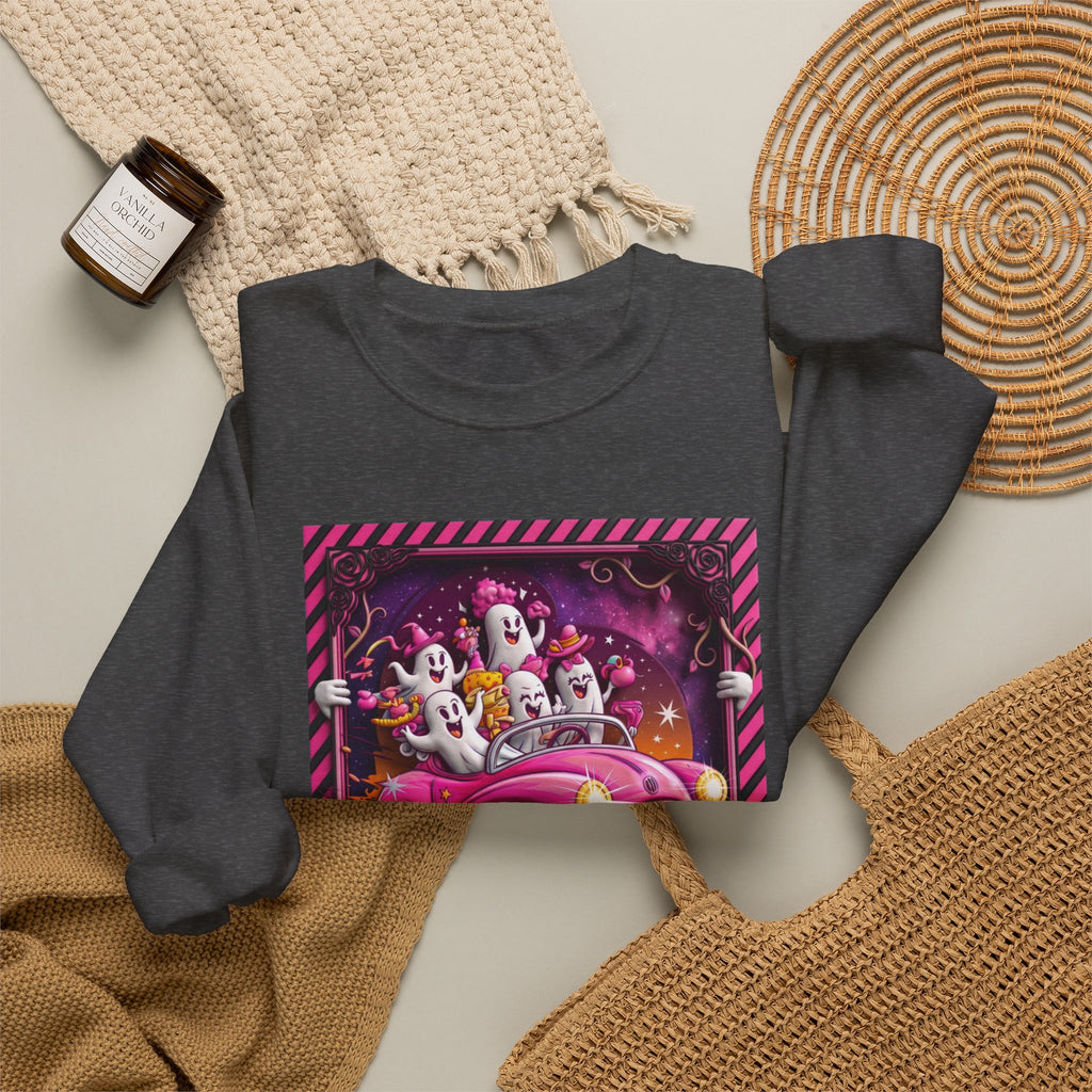 Dark Heather crewneck sweatshirt styled flat with a candle — ghosts in a pink convertible