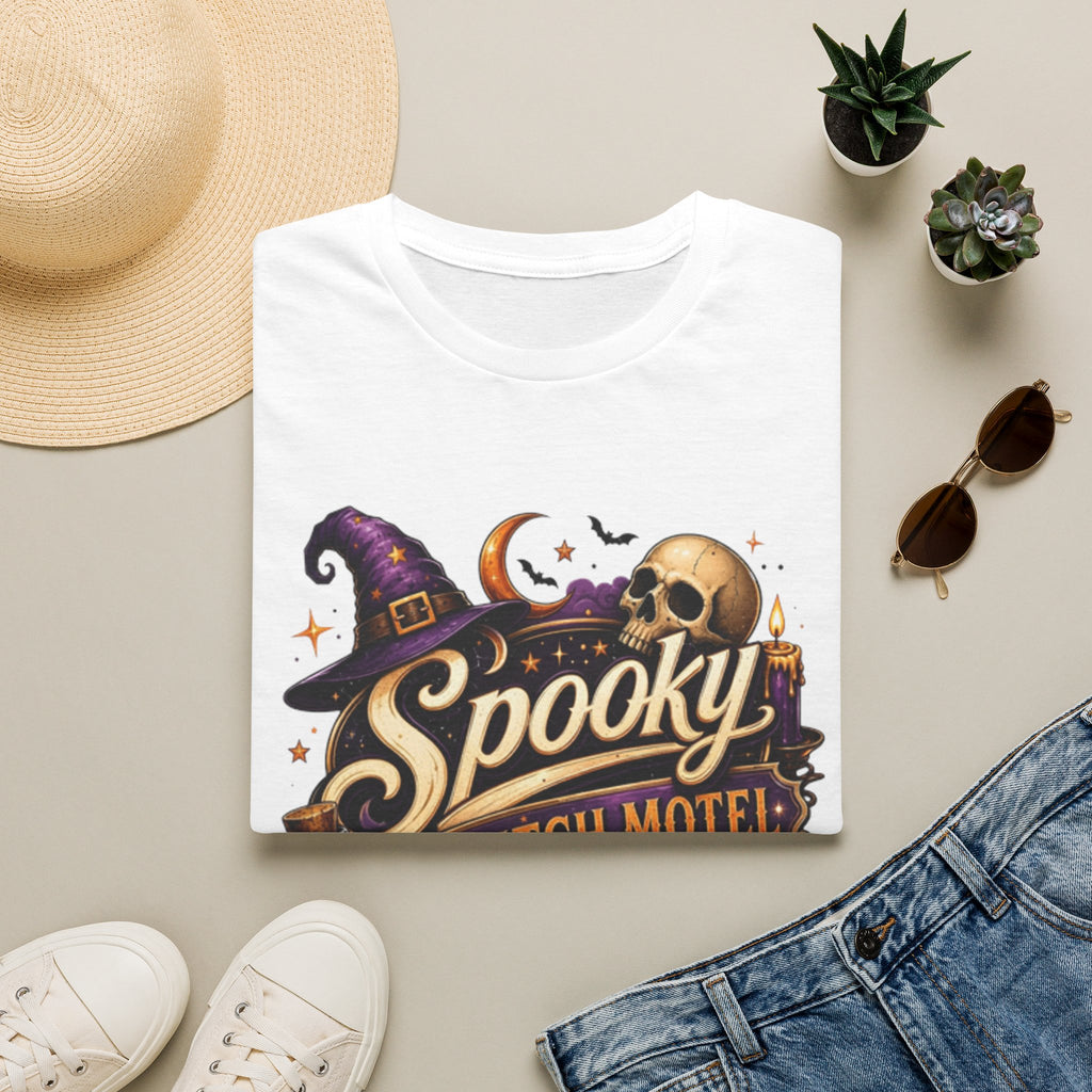 White t-shirt styled flat with a candle — neon Spooky Witch Motel sign