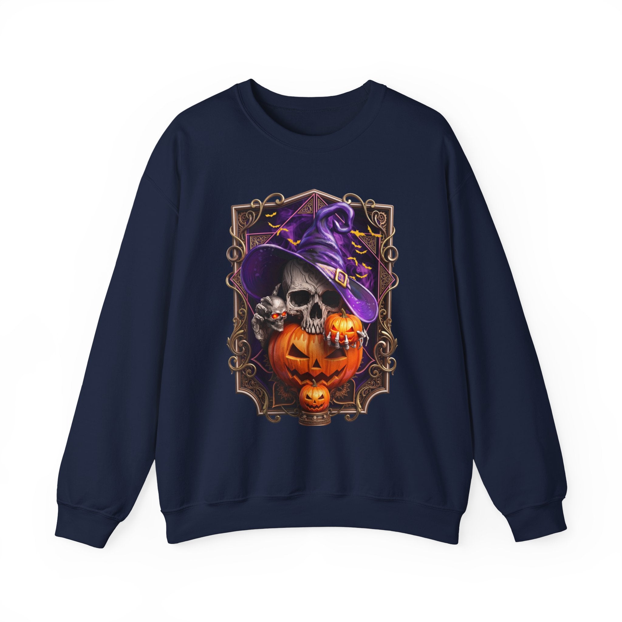 Navy crewneck sweatshirt laid flat, printed with a skull in a slouchy purple witch hat peers out