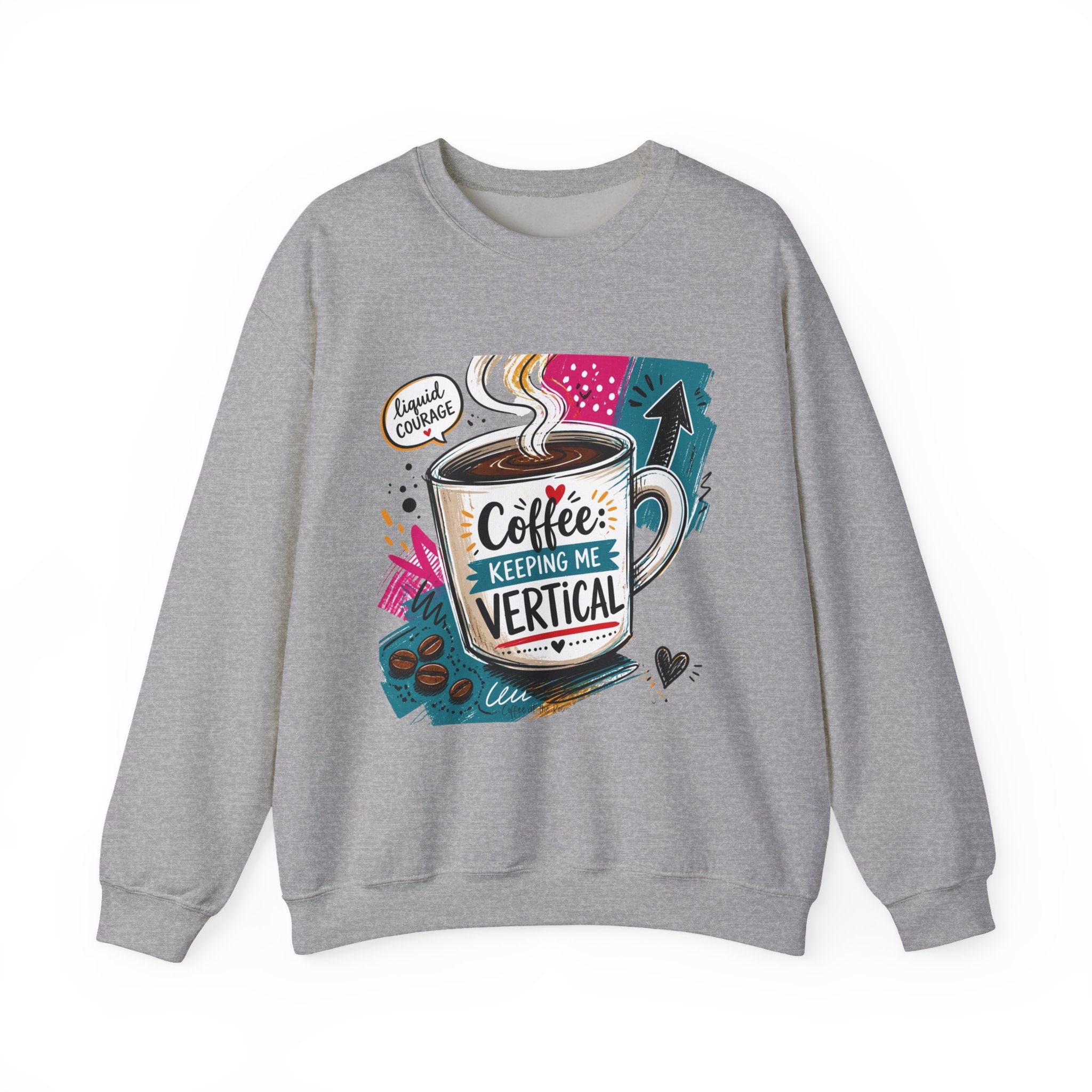 Sport Grey crewneck sweatshirt laid flat, printed with a striped coffee mug in a retro paper collage reading