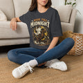Dark Heather Grey t-shirt laid flat, printed with a sheet ghost in a wide-brim hat rides a rearing