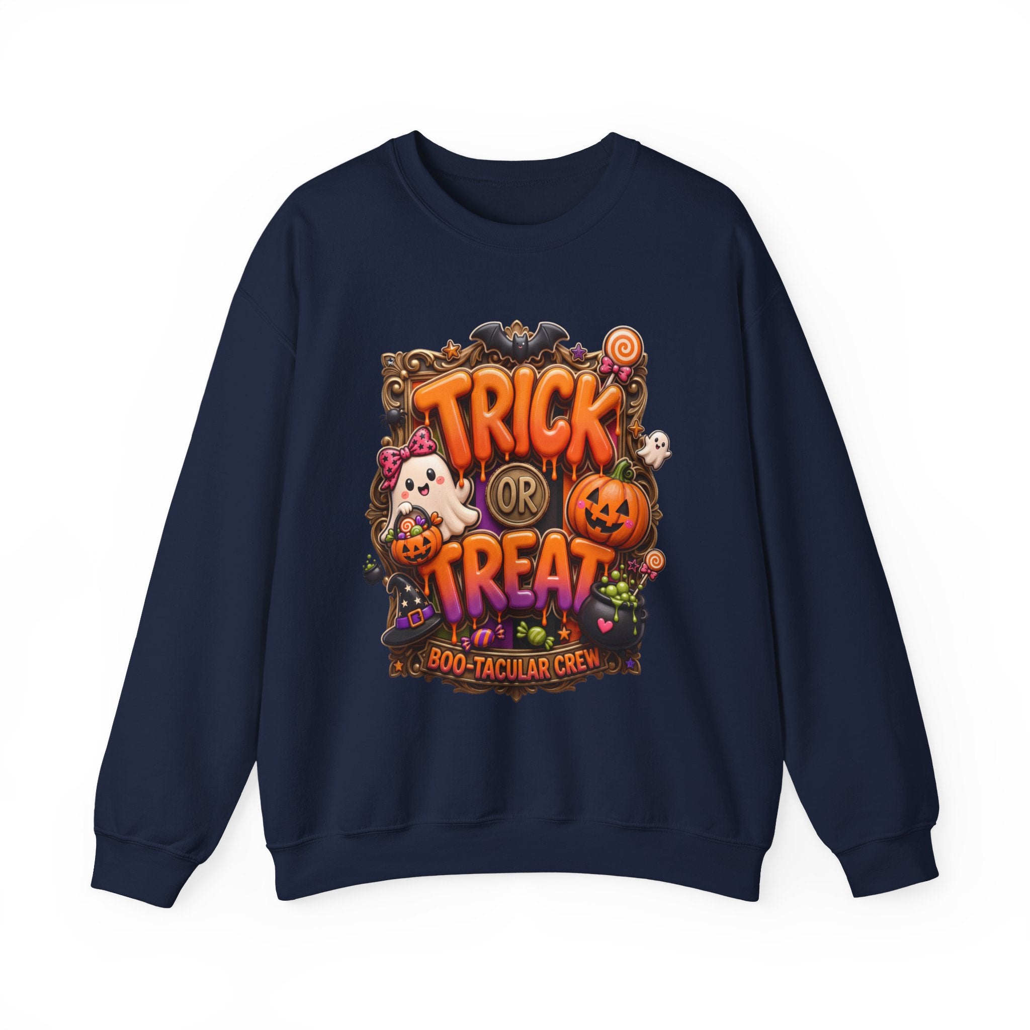 Navy crewneck sweatshirt laid flat, printed with a puffy orange trick or treat lettering frames a bow-wearing
