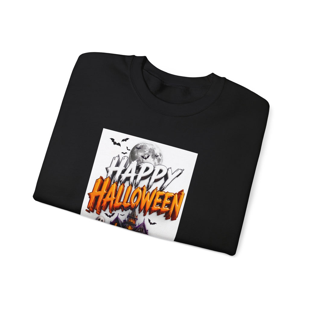 Black crewneck sweatshirt folded to show the haunted house print