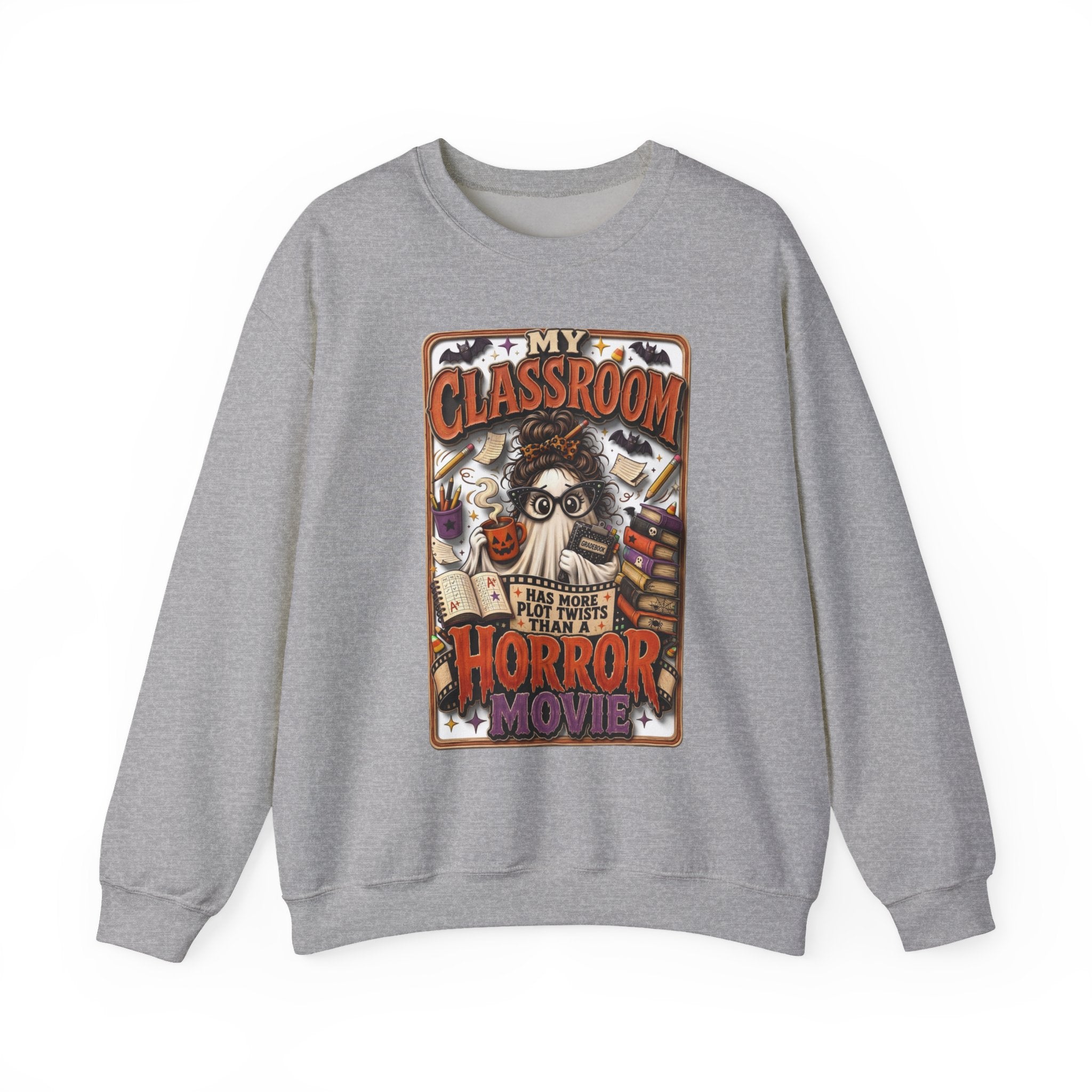 Sport Grey crewneck sweatshirt laid flat, printed with a bespectacled ghost with a messy bun grades away among