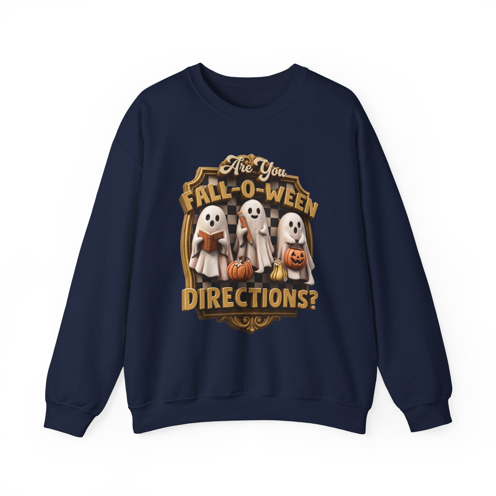 Navy crewneck sweatshirt laid flat, printed with a three little sheet ghosts read a book and carry