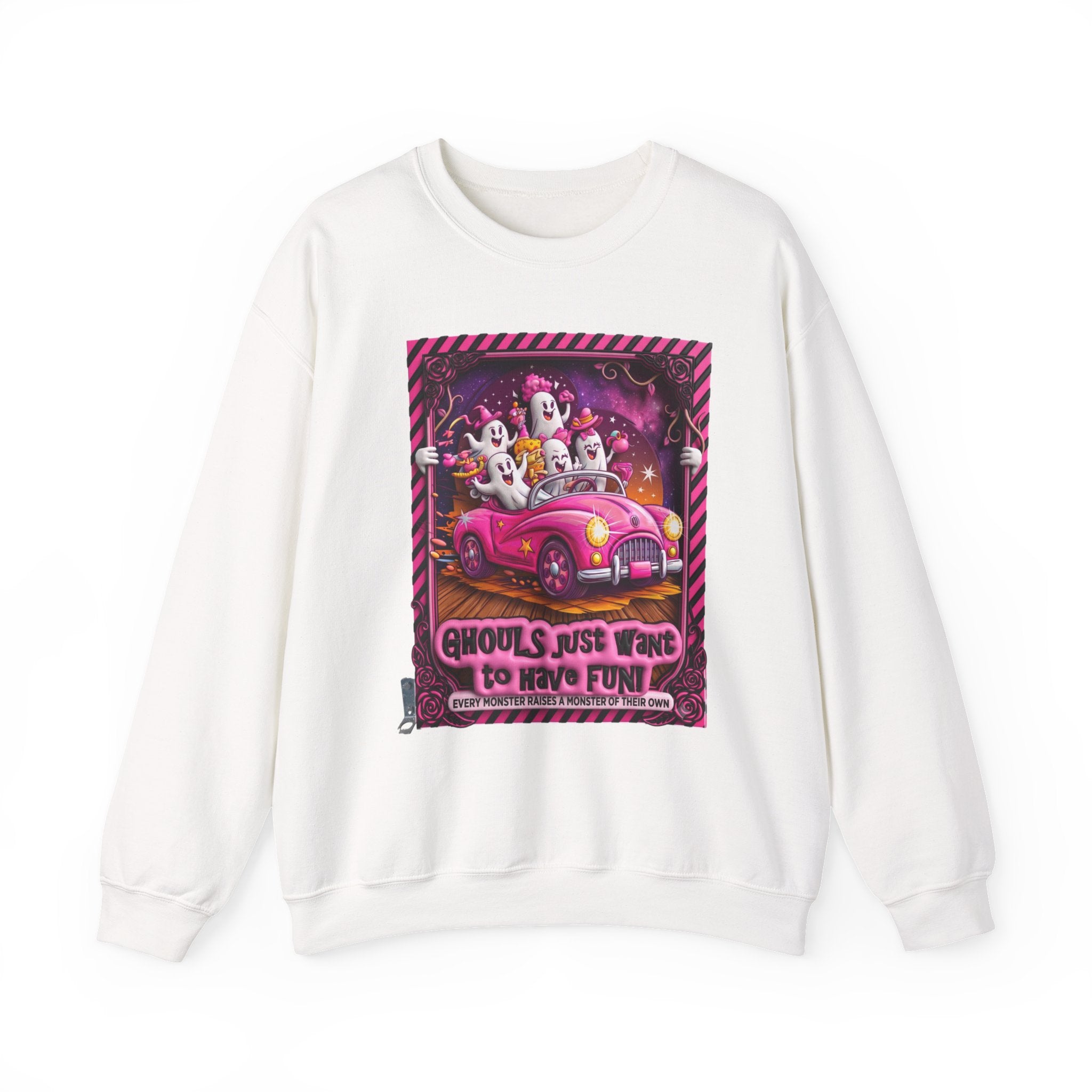 White crewneck sweatshirt laid flat, printed with a carload of smiling ghosts cruises in a bubblegum pink