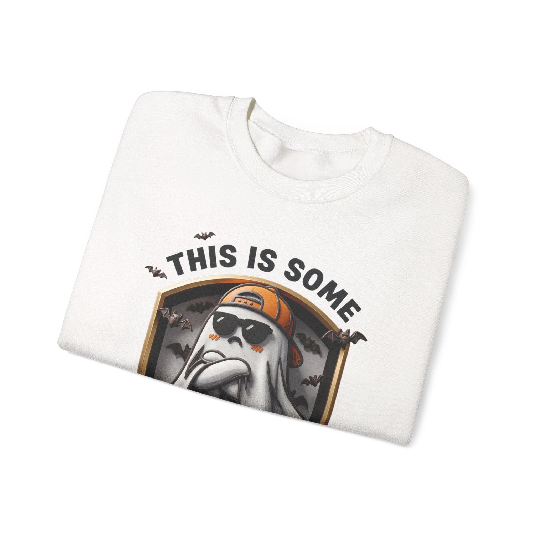 White crewneck sweatshirt folded to show the sheet ghost in black sunglasses and a backward orange print