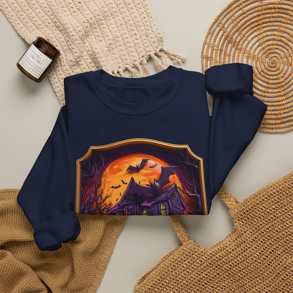 Navy crewneck sweatshirt styled flat with a candle — haunted mansion under an orange moon