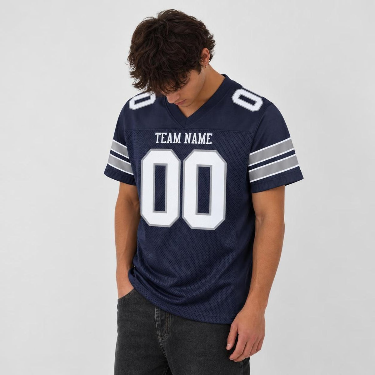Custom Navy White-Light Gray Mesh Football Jersey - 2