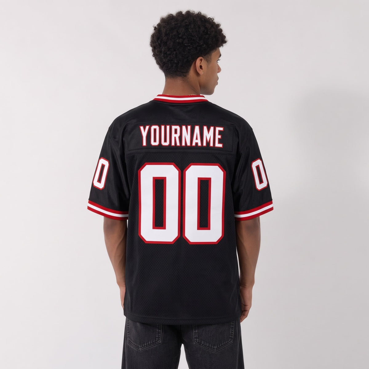 Custom Black White-Red Mesh Throwback Football Jersey - 3