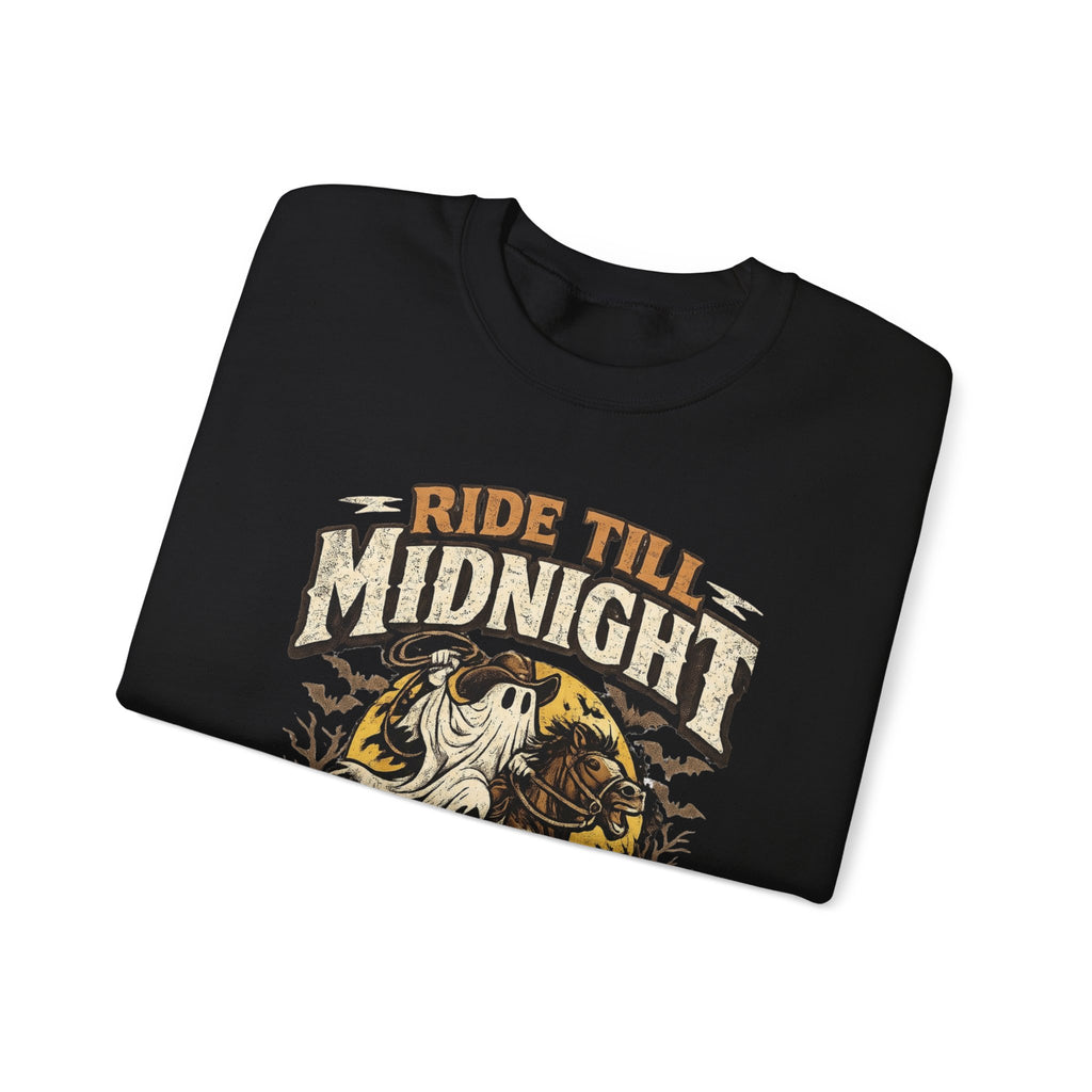 Black crewneck sweatshirt folded to show the vintage style skeleton on a motorcycle under a banner print