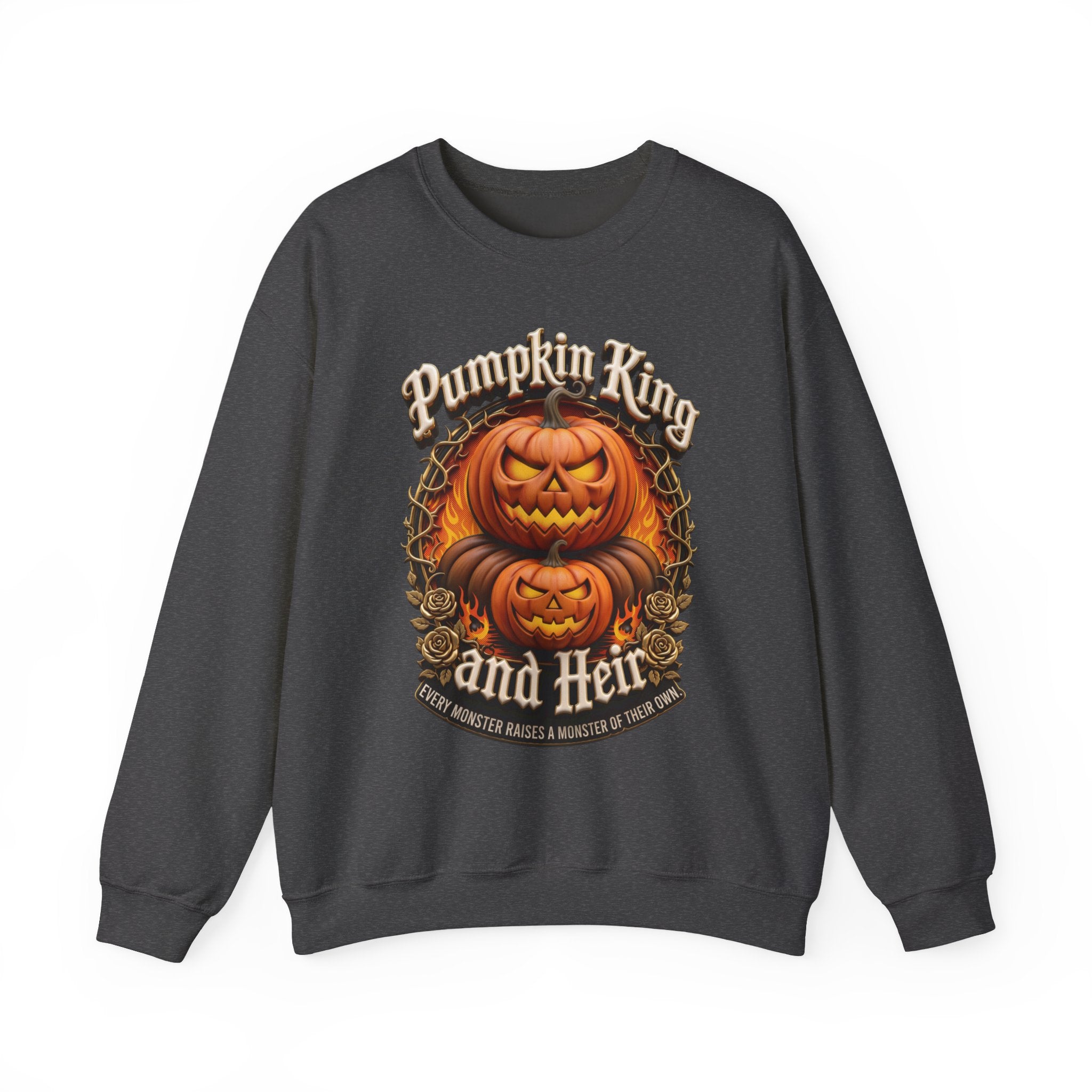Dark Heather crewneck sweatshirt laid flat, printed with a two fierce jack-o-lanterns stack up inside a thorny wreath