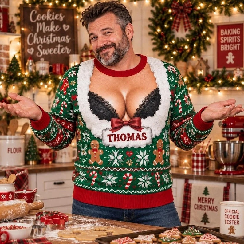 Funny Sexy Faux Cleavage Christmas Ugly Sweater Personalized Name Sweatshirt