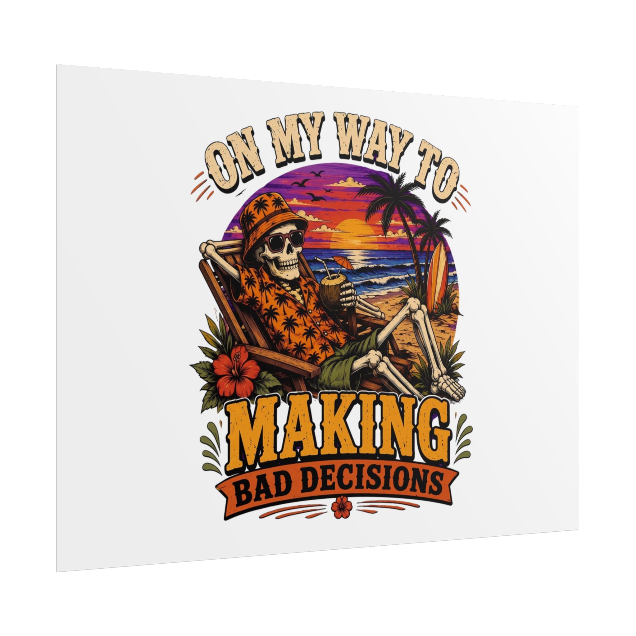 Poster print showing a grinning skeleton stretched out under a burning tropical sunset, view 19