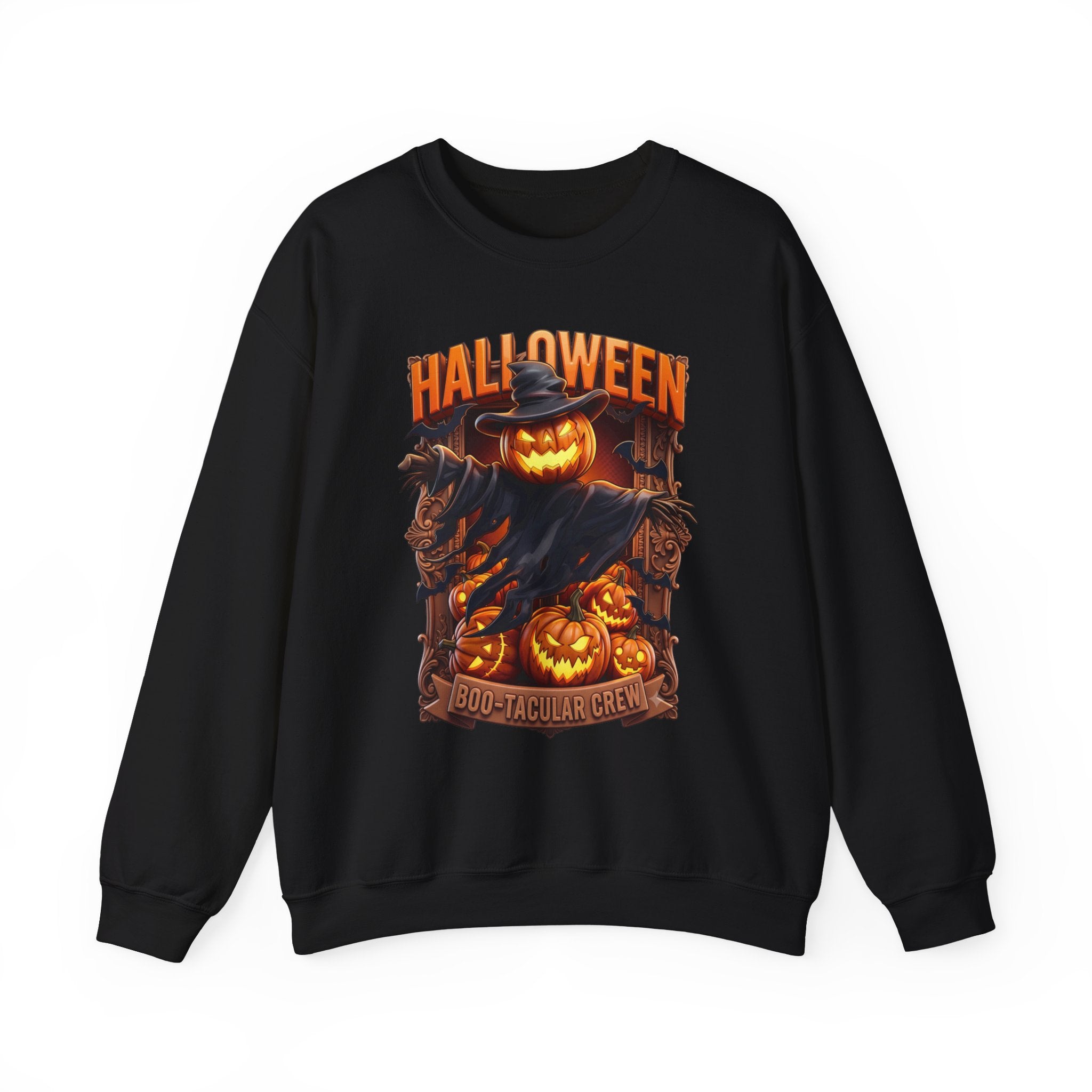 Black crewneck sweatshirt laid flat, printed with a scarecrow with a glowing jack-o-lantern head stands