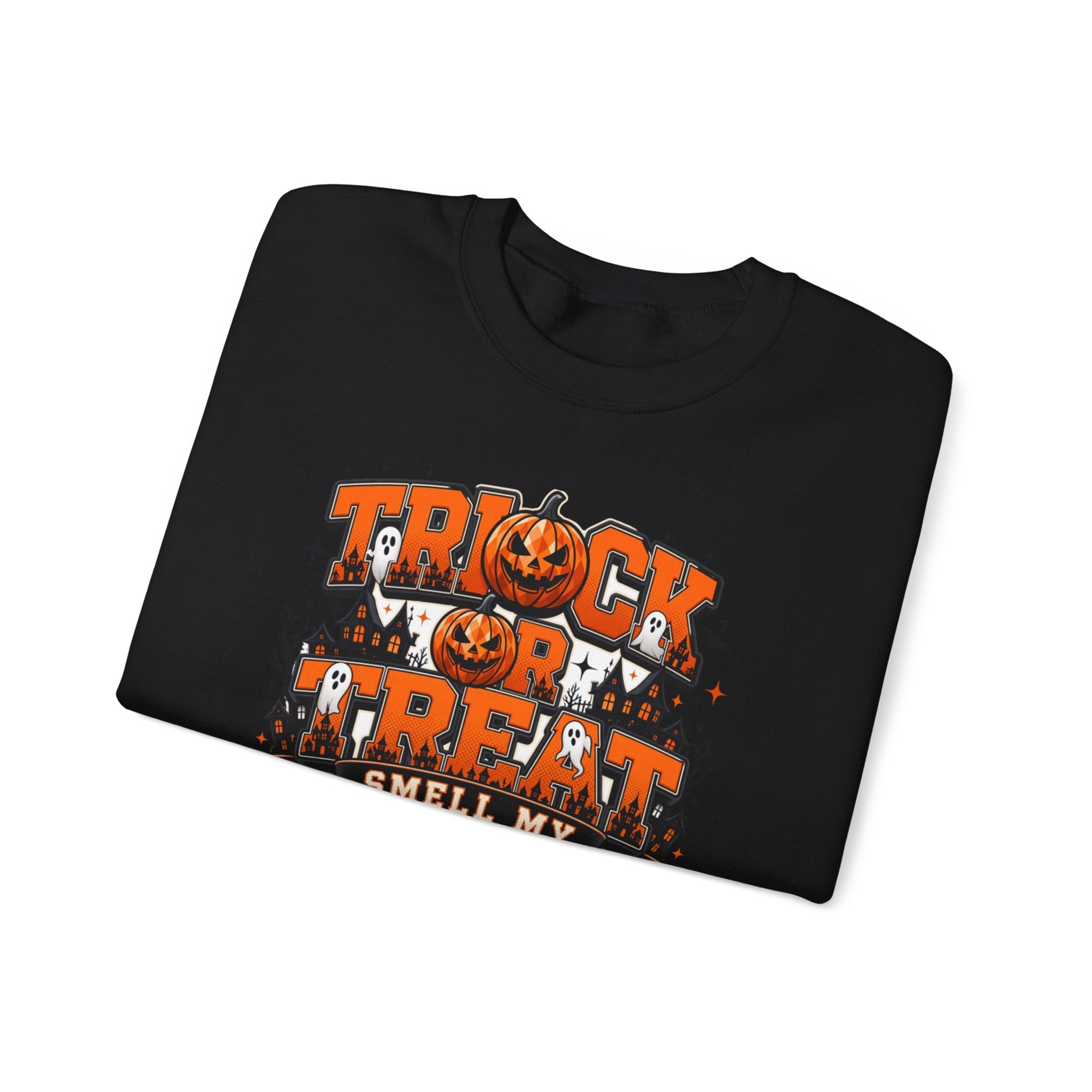 Black crewneck sweatshirt folded to show the stacked orange and black lettering spells out the classic print