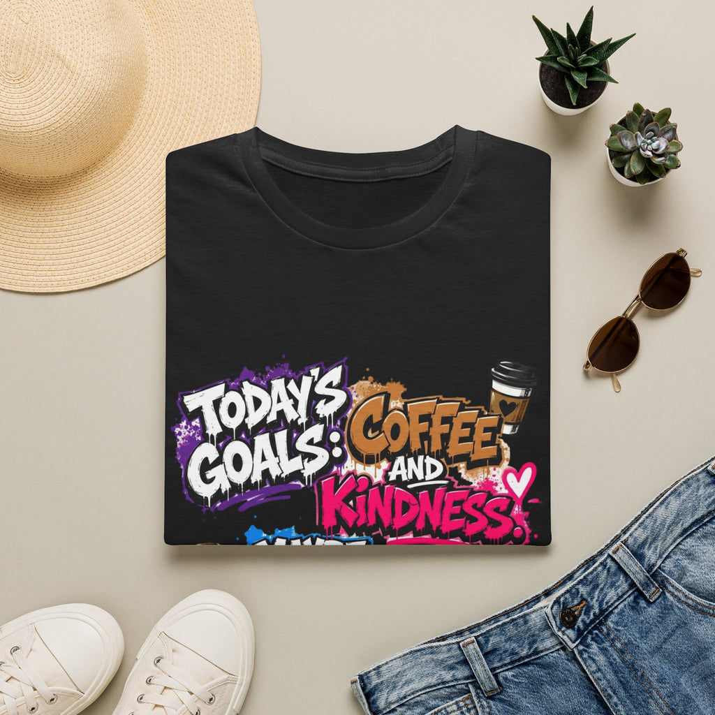 Black t-shirt styled flat with a candle — graffiti lettering in electric pinks