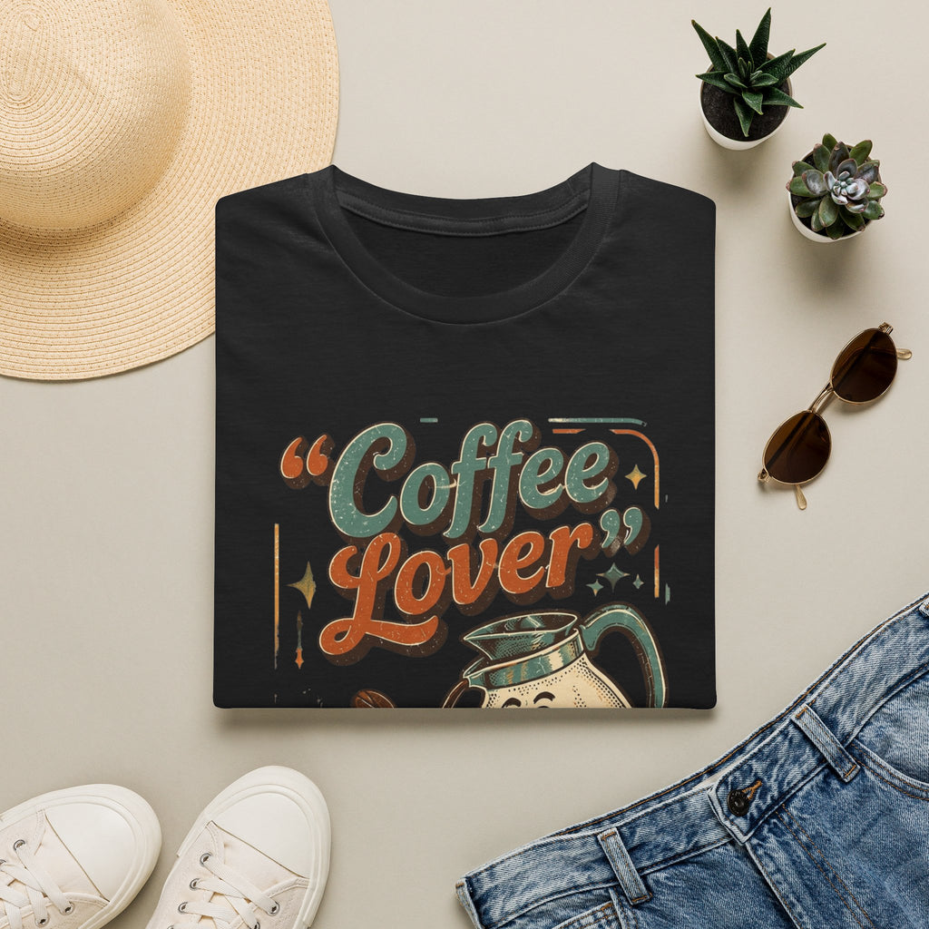 Black t-shirt styled flat with a candle — retro coffee pot and steaming cup