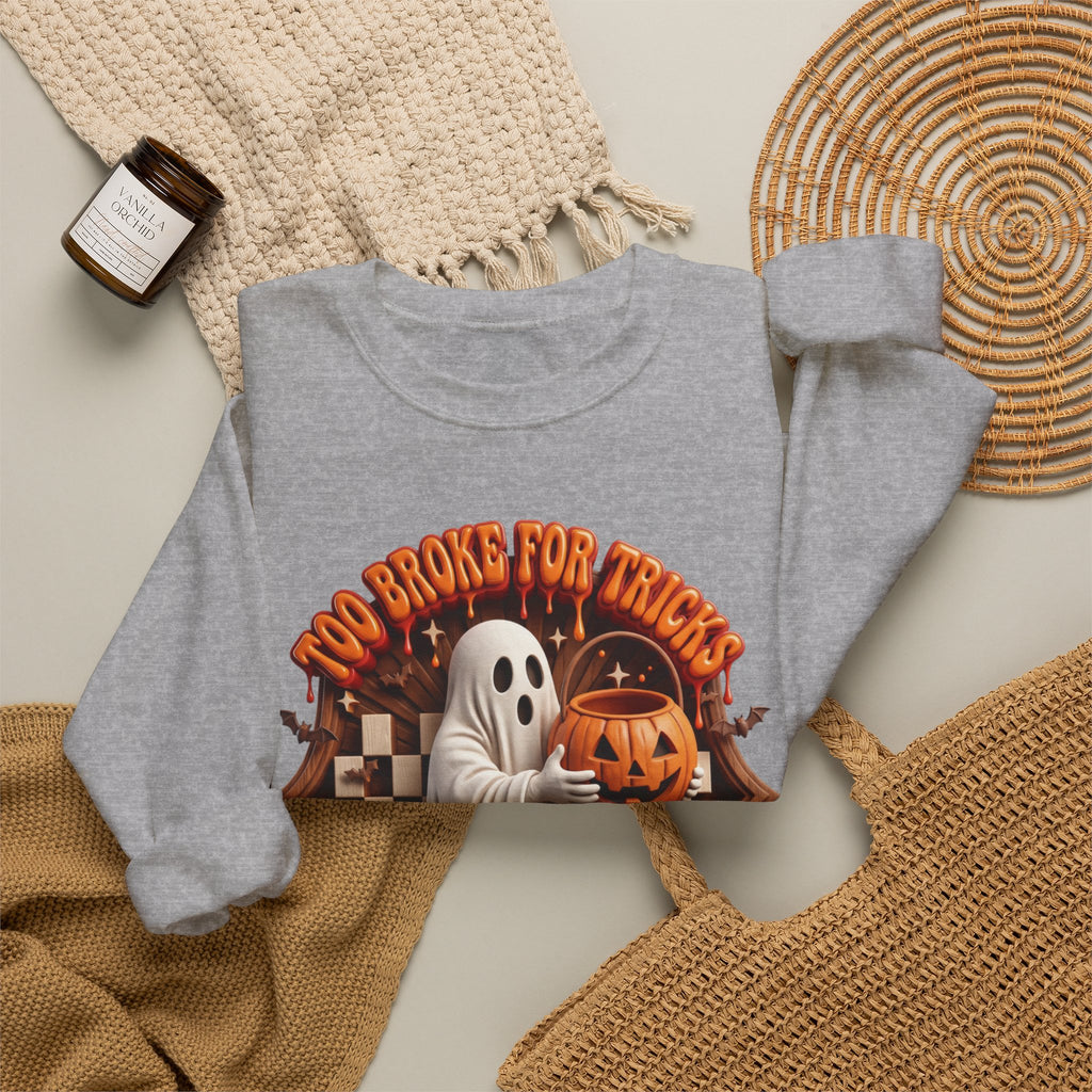 Sport Grey crewneck sweatshirt styled flat with a candle — sheet ghost hugging a candy pail