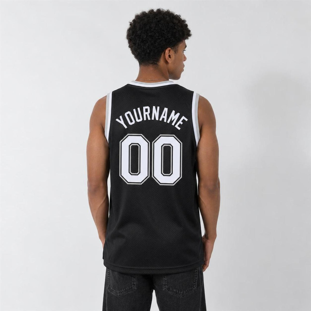 Custom Black White-Gray Round Neck Rib-Knit Basketball Jersey - 3