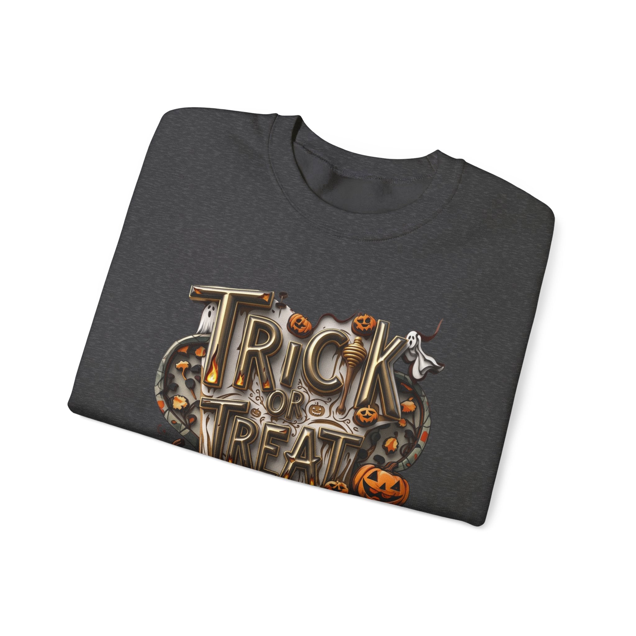 Dark Heather crewneck sweatshirt folded to show the carved metallic lettering reading trick or treat yourself sits print