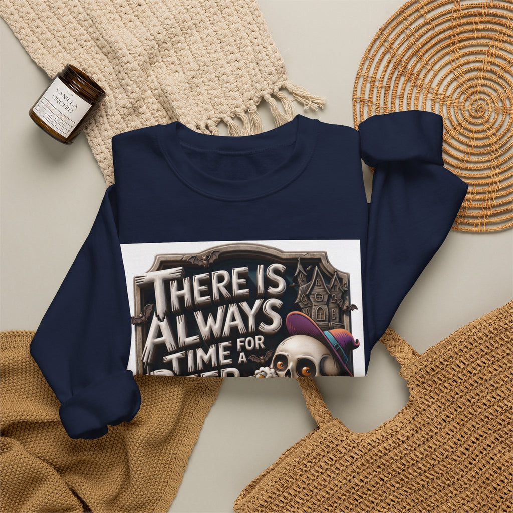 Navy crewneck sweatshirt styled flat with a candle — skeleton in a floppy purple hat