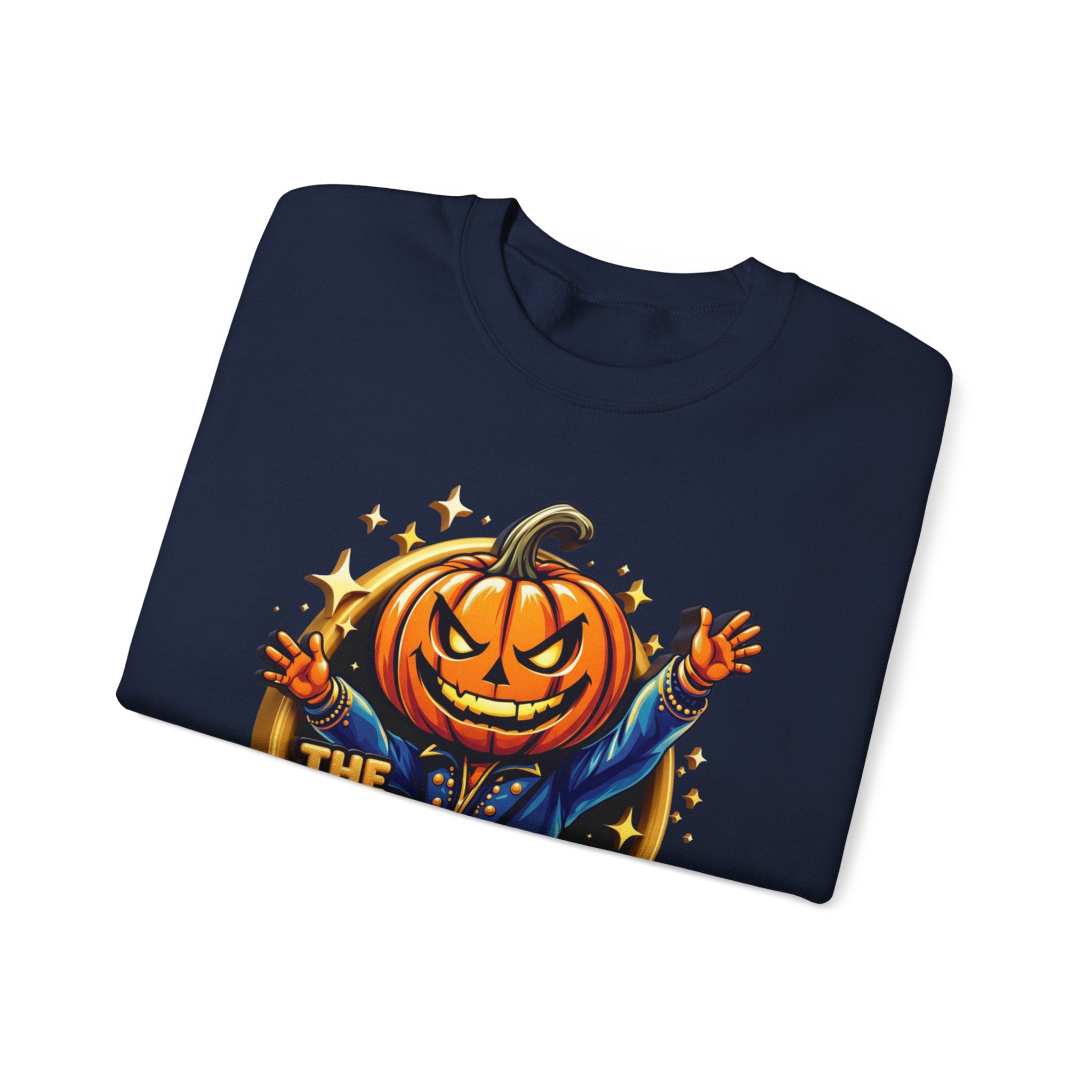 Navy crewneck sweatshirt folded to show the grinning jack-o-lantern head in a blue jacket throws print