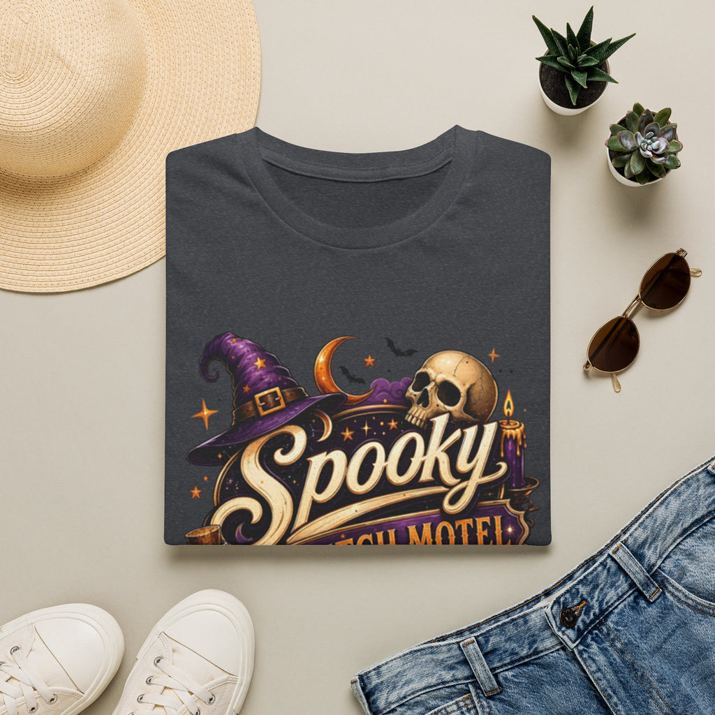 Dark Heather Grey t-shirt printed with a neon motel sign reading spooky witch motel, view 17