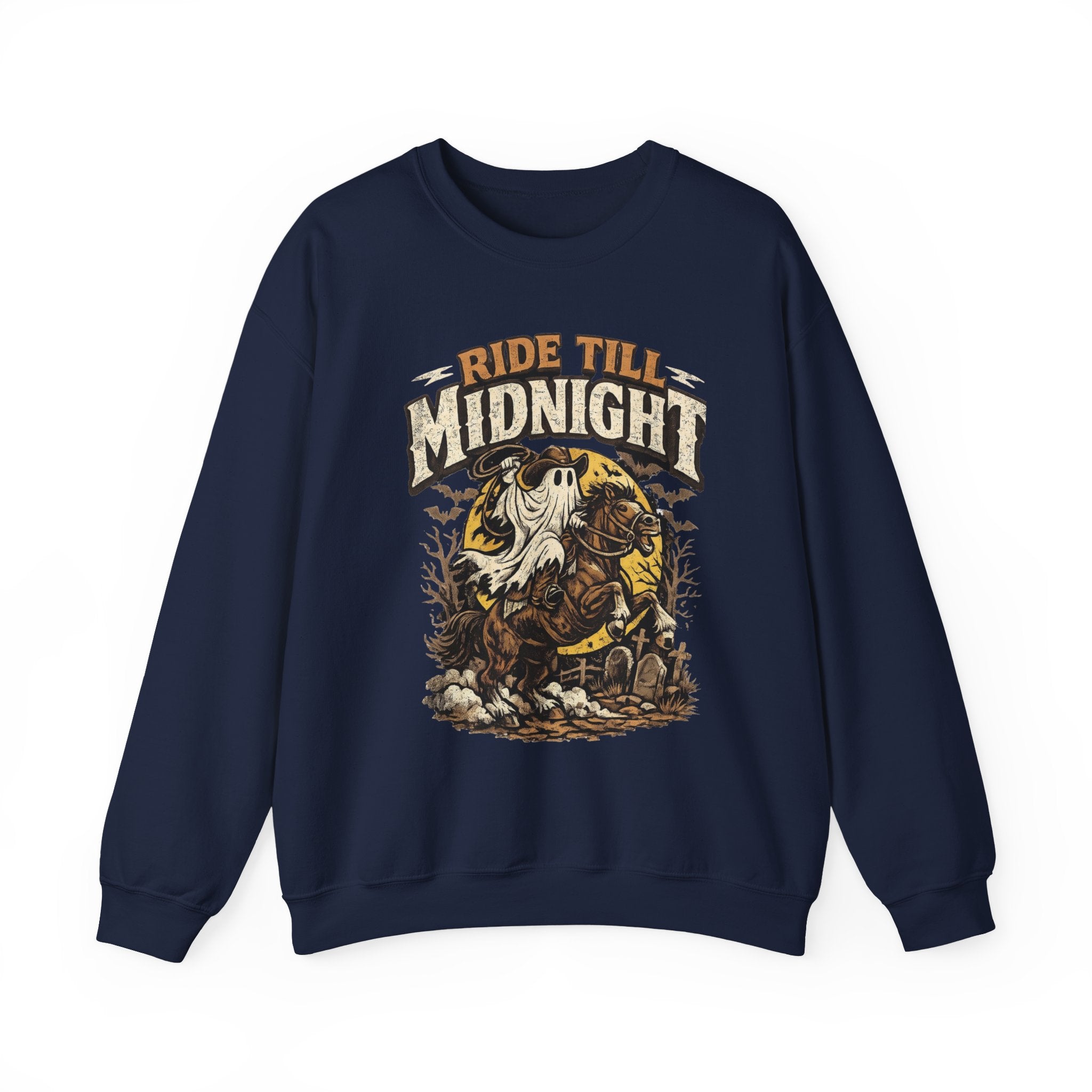 Navy crewneck sweatshirt laid flat, printed with a vintage style skeleton on a motorcycle under a banner