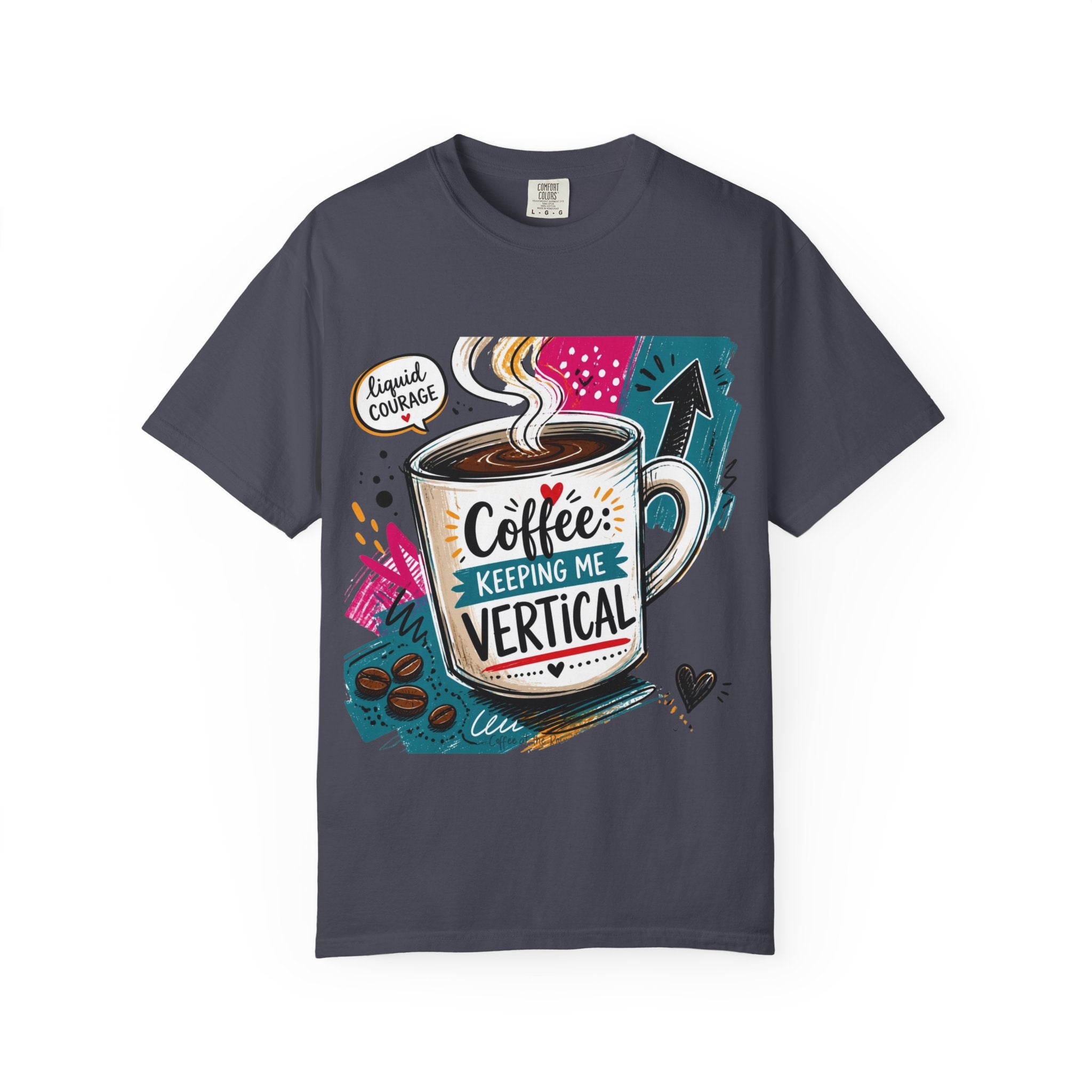 Navy t-shirt laid flat, printed with a tall striped mug set into a busy retro collage