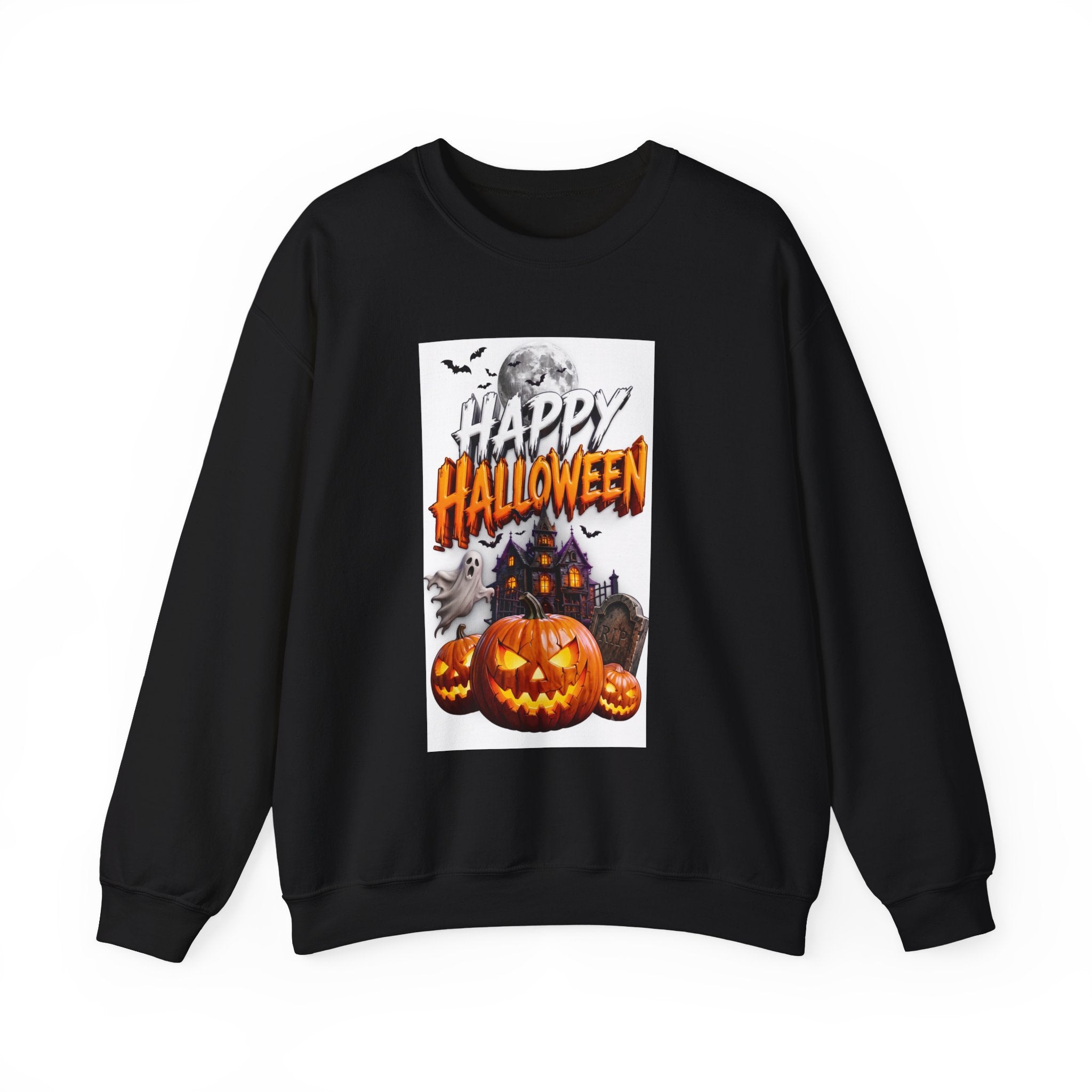 Black crewneck sweatshirt laid flat, printed with a haunted house