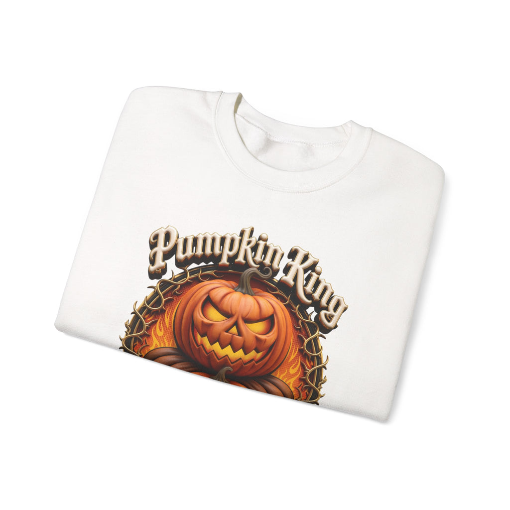 White crewneck sweatshirt folded to show the two fierce jack-o-lanterns stack up inside a thorny wreath print