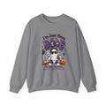 Graphite Heather crewneck sweatshirt laid flat, printed with a three cartoon ghosts in sunglasses