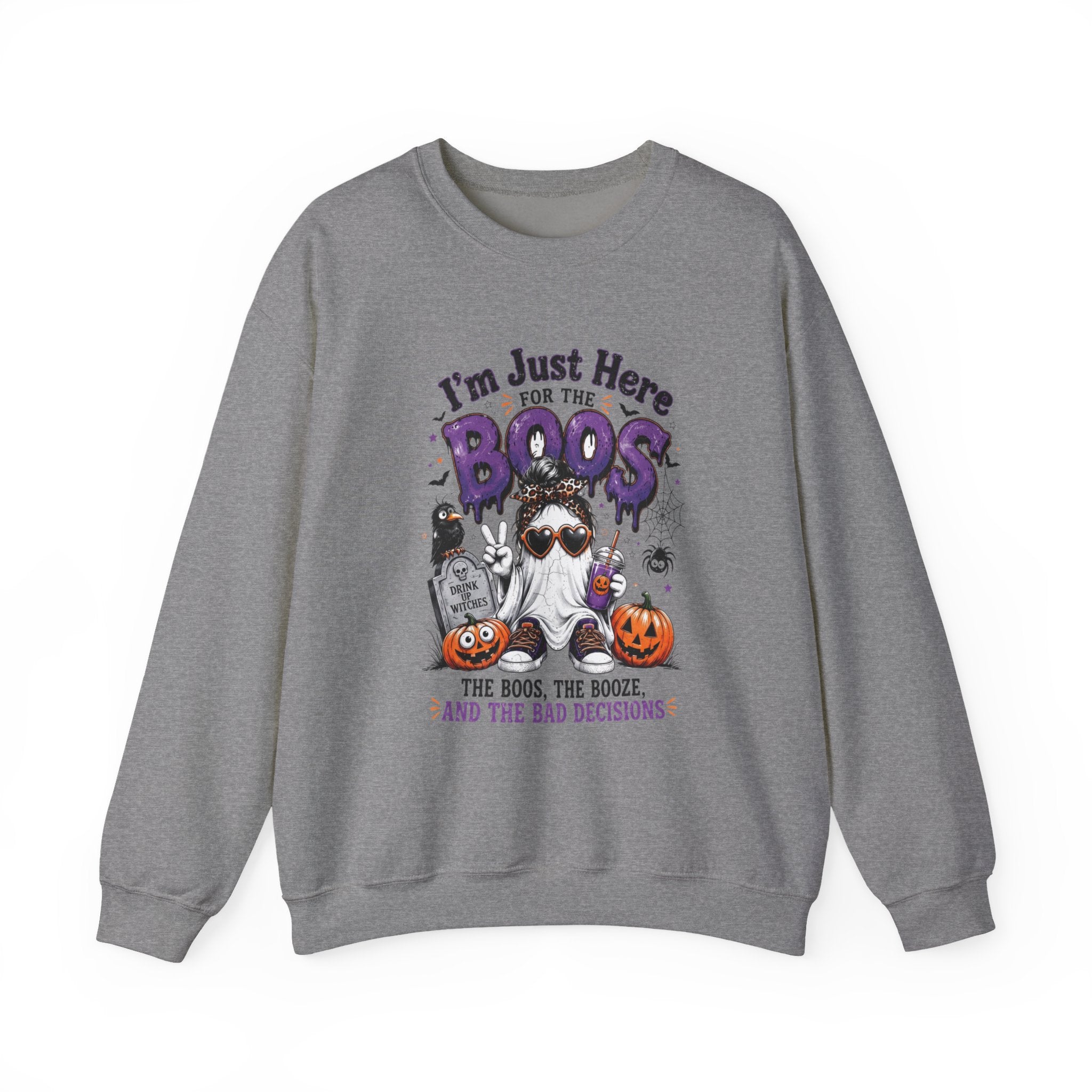 Graphite Heather crewneck sweatshirt laid flat, printed with a three cartoon ghosts in sunglasses