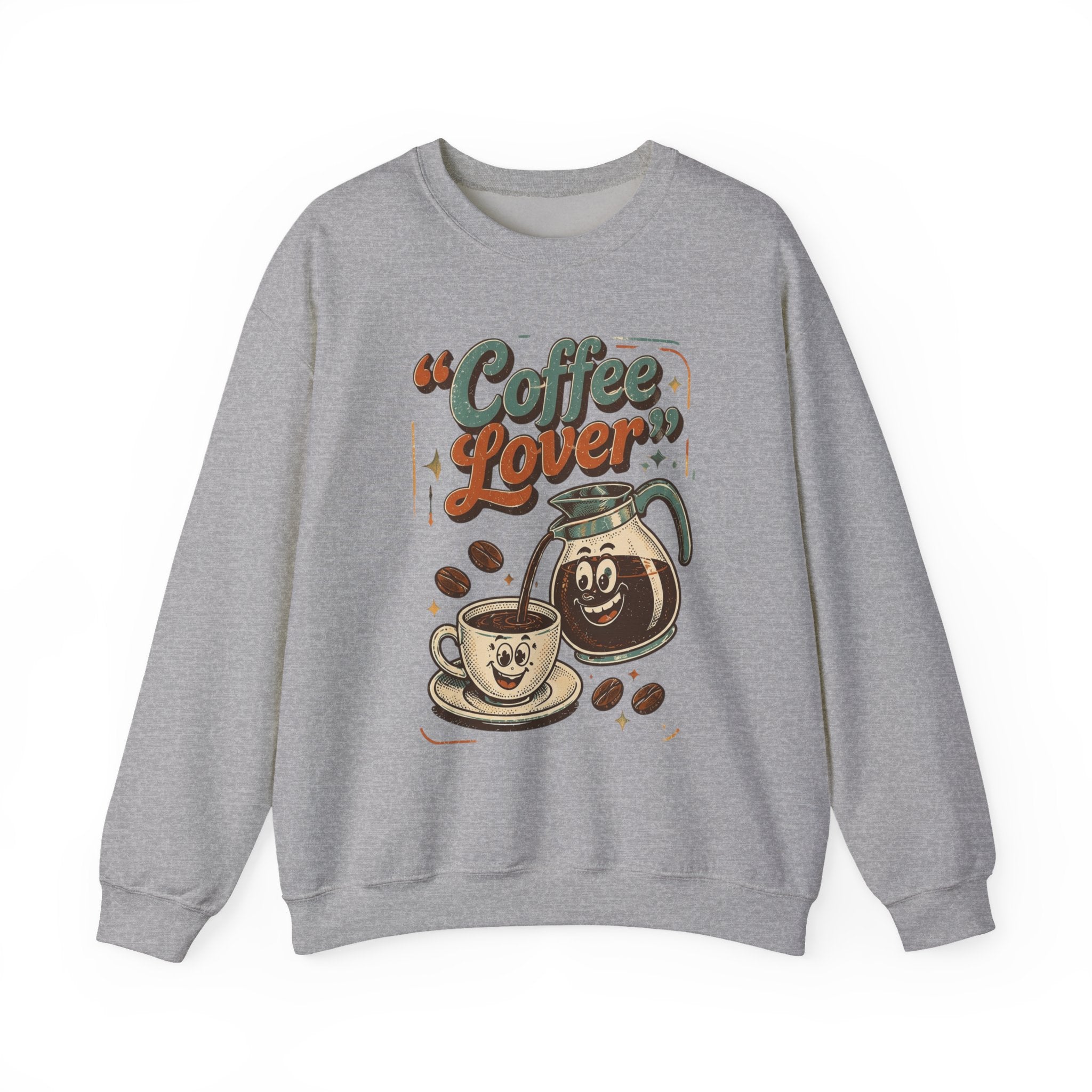 Sport Grey crewneck sweatshirt laid flat, printed with a retro coffee pot