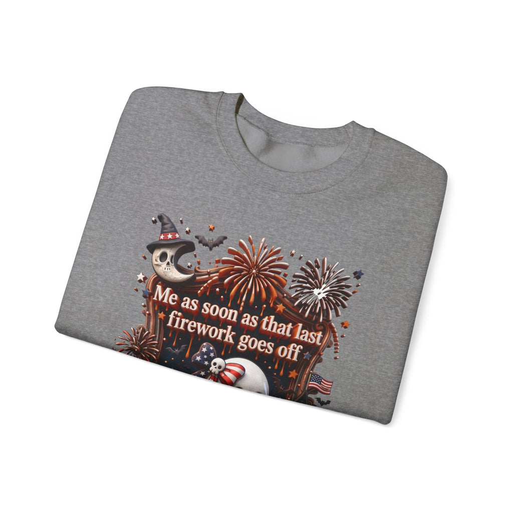 Graphite Heather crewneck sweatshirt folded to show the wide-eyed ghost clutches a striped firework print