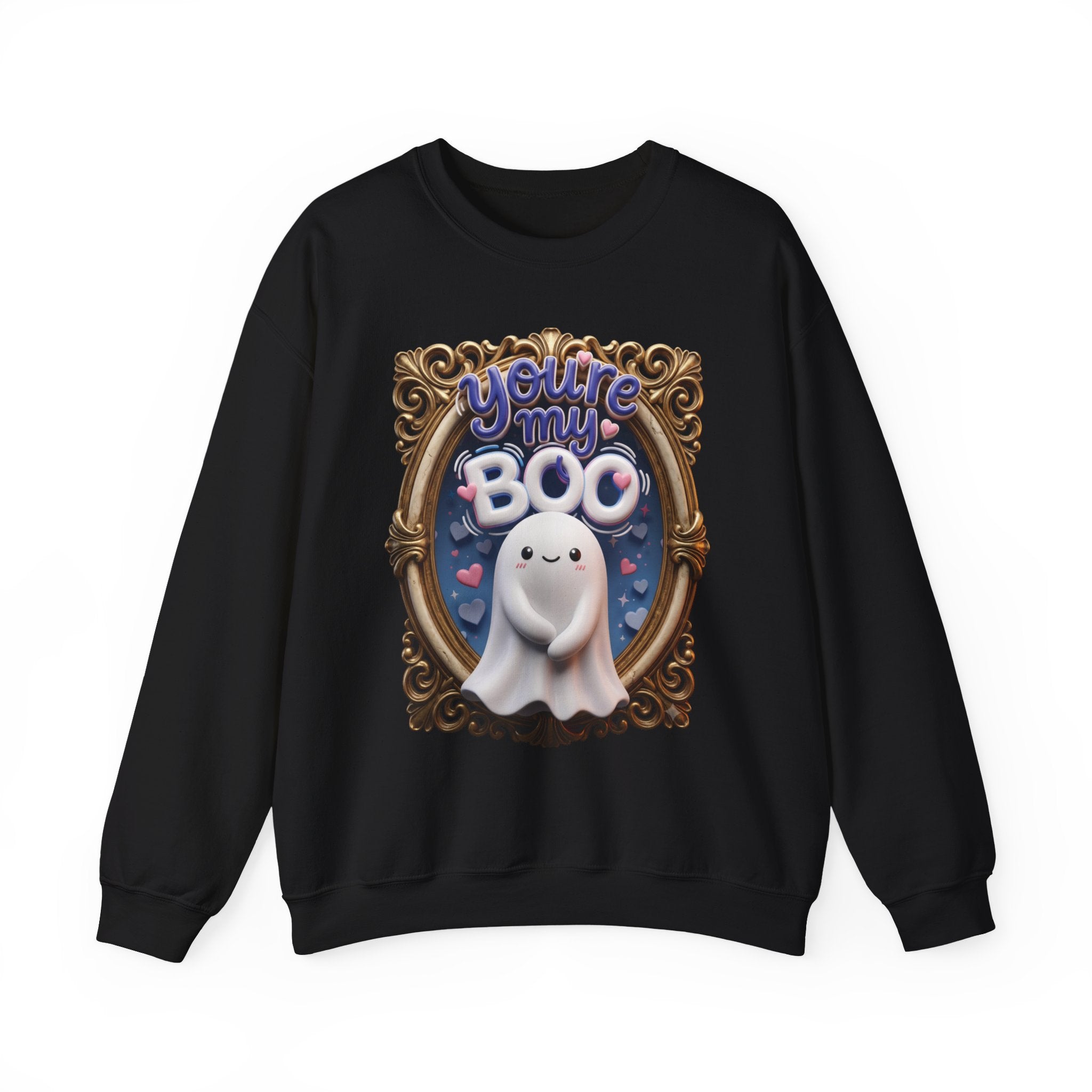 Black crewneck sweatshirt laid flat, printed with a round smiling ghost floats inside a gilded vintage frame