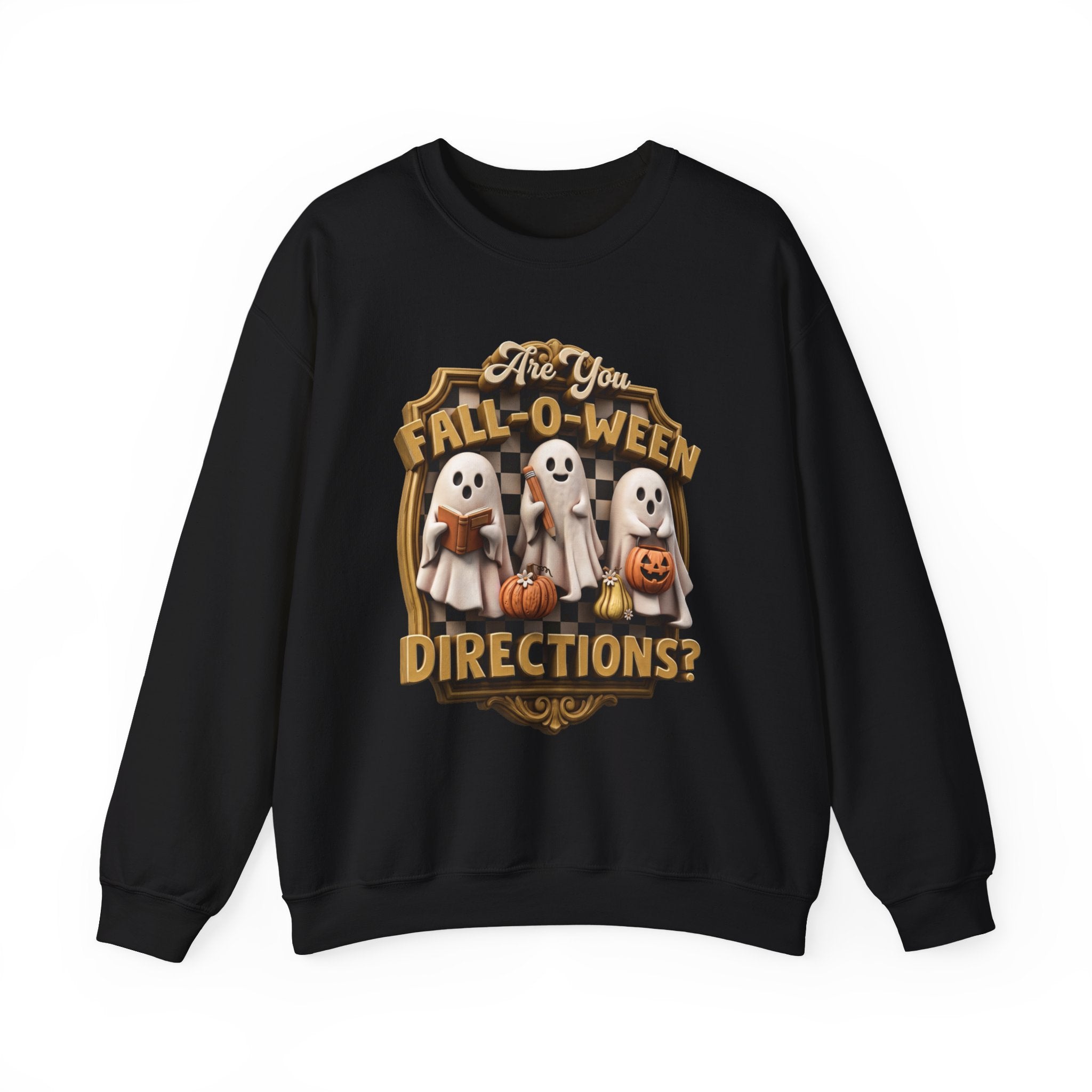 Black crewneck sweatshirt laid flat, printed with a three little sheet ghosts read a book and carry