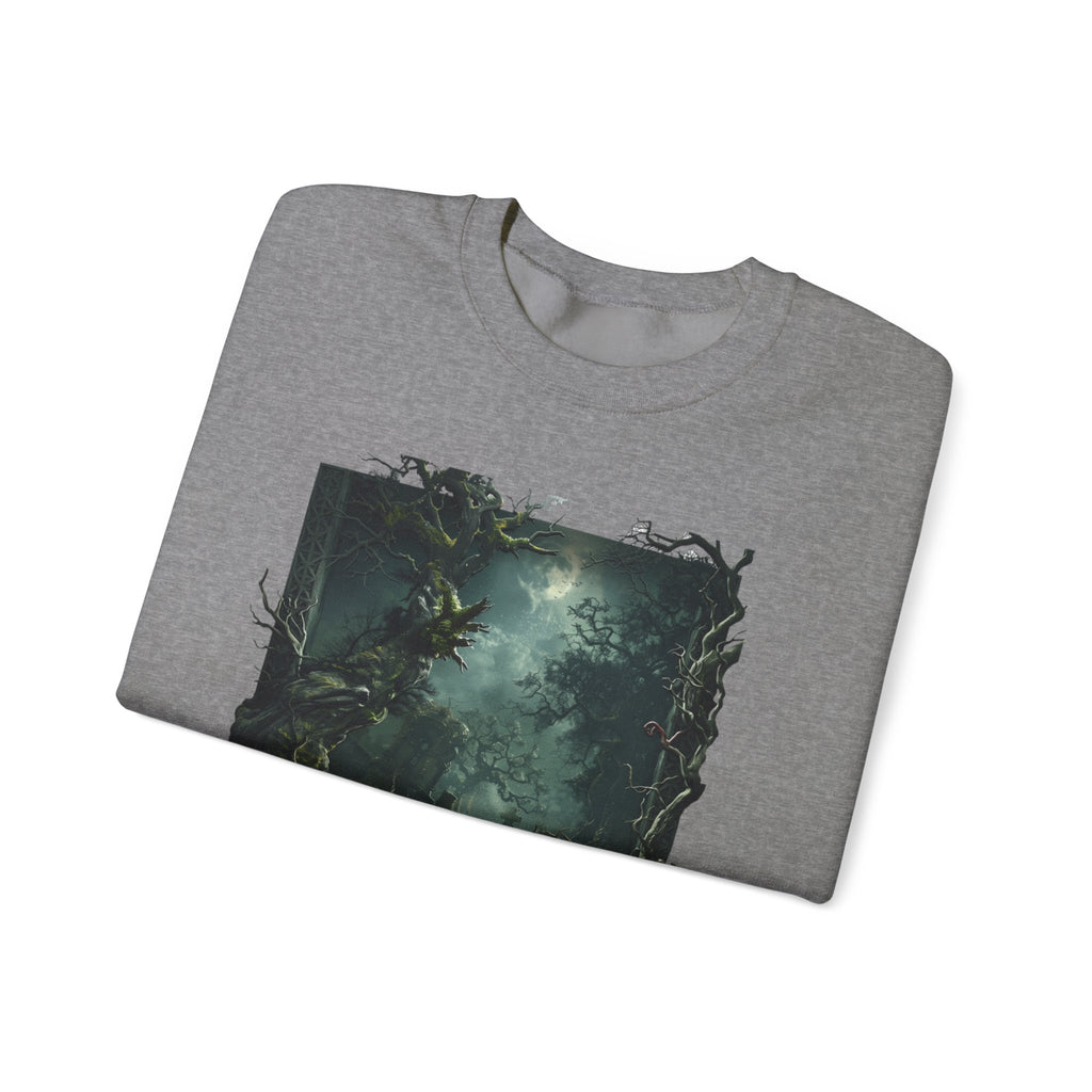 Graphite Heather crewneck sweatshirt folded to show the moonlit forest of gnarled mossy trees drifts into pale print