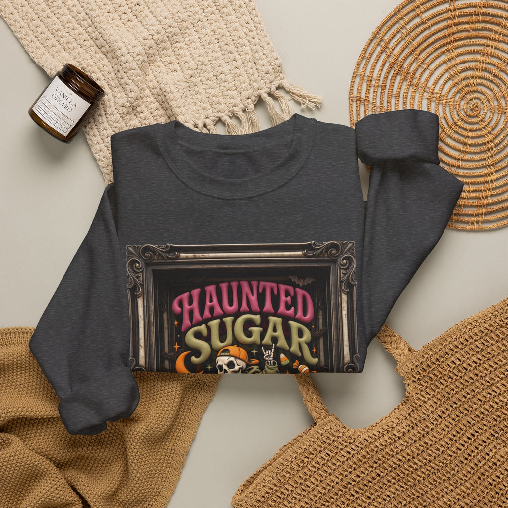 Dark Heather crewneck sweatshirt styled flat with a candle — hooded skeleton riding a broom