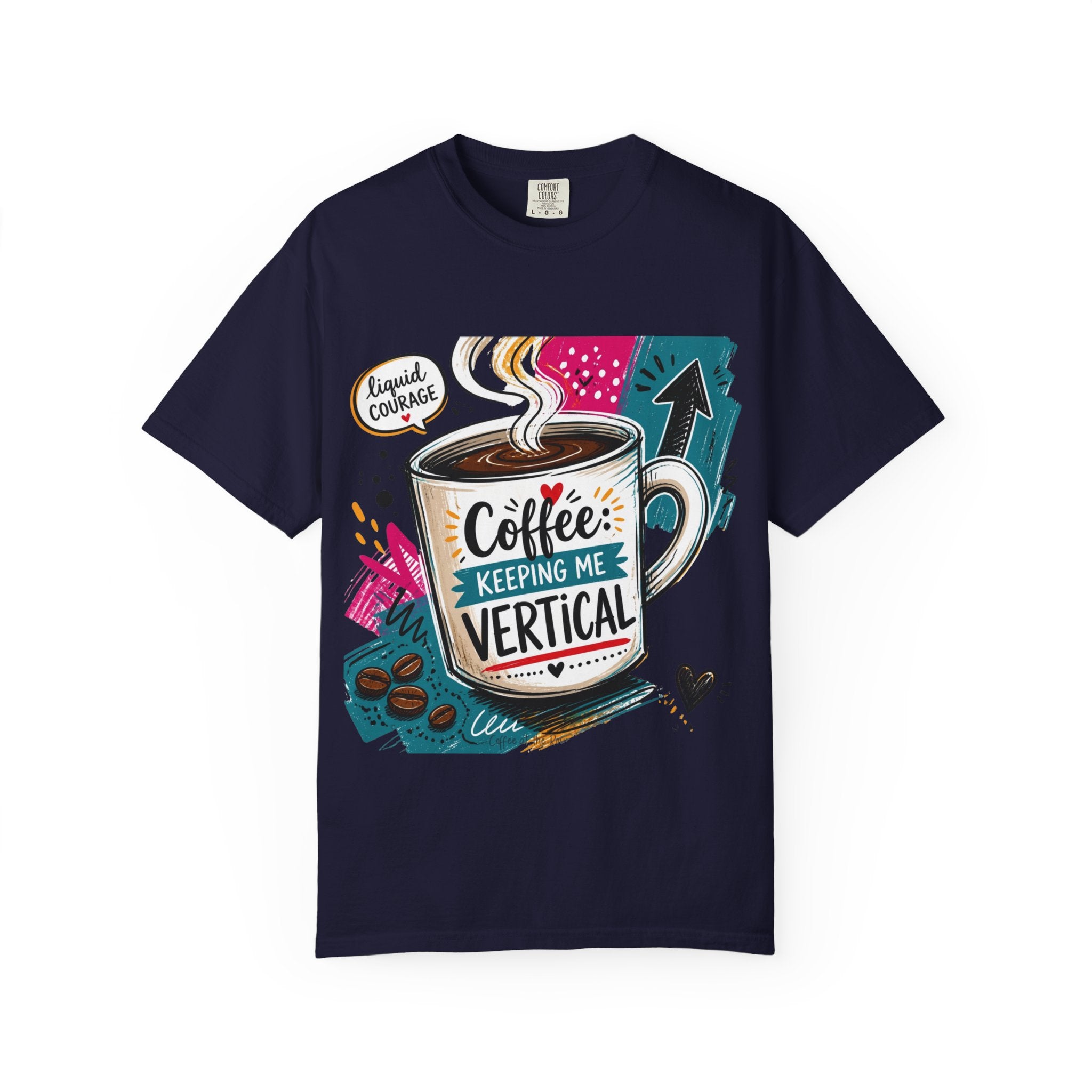 True Navy t-shirt laid flat, printed with a tall striped mug set into a busy retro collage