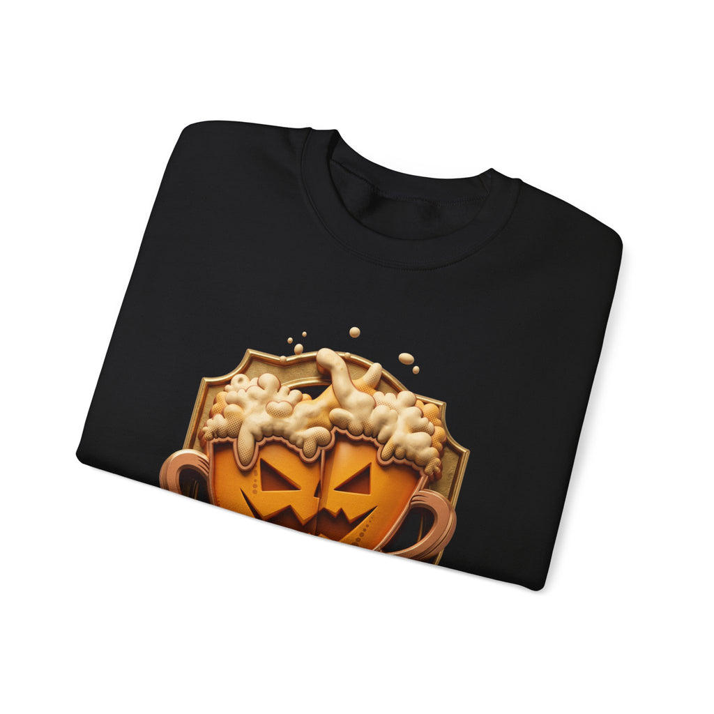 Black crewneck sweatshirt folded to show the two frothy beer mugs carved with jack-o-lantern faces clink print