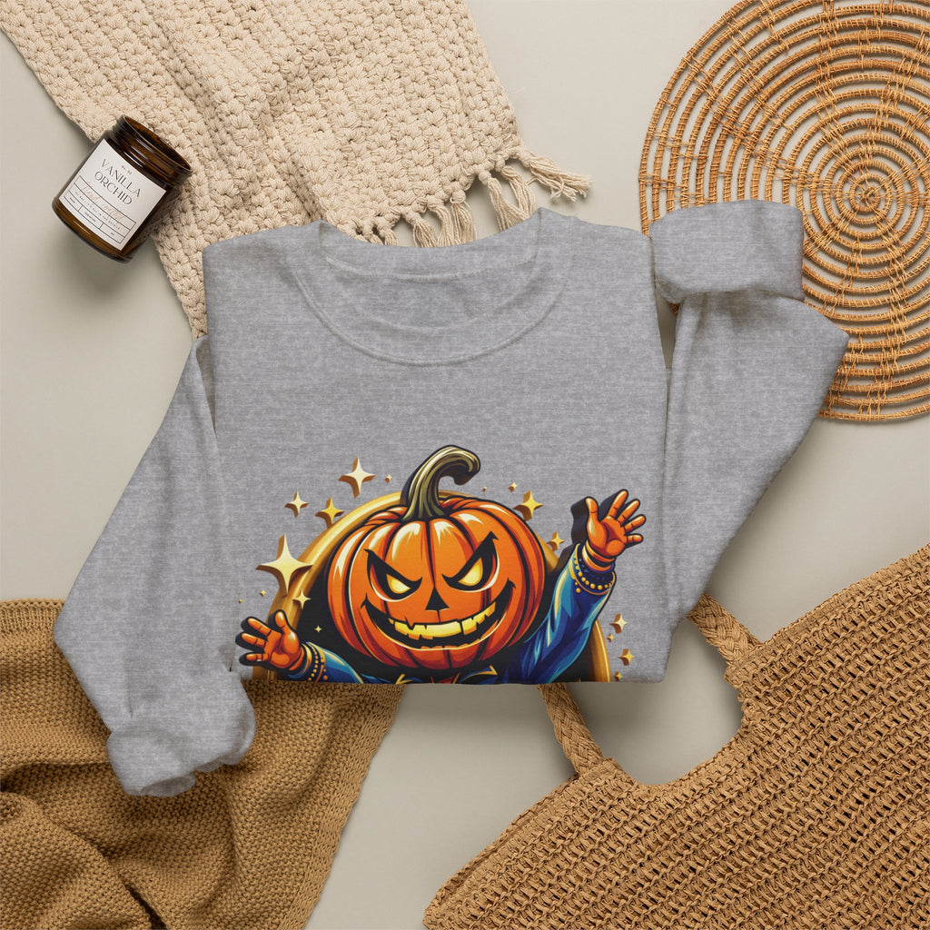 Sport Grey crewneck sweatshirt styled flat with a candle — jack-o-lantern head in a blue jacket